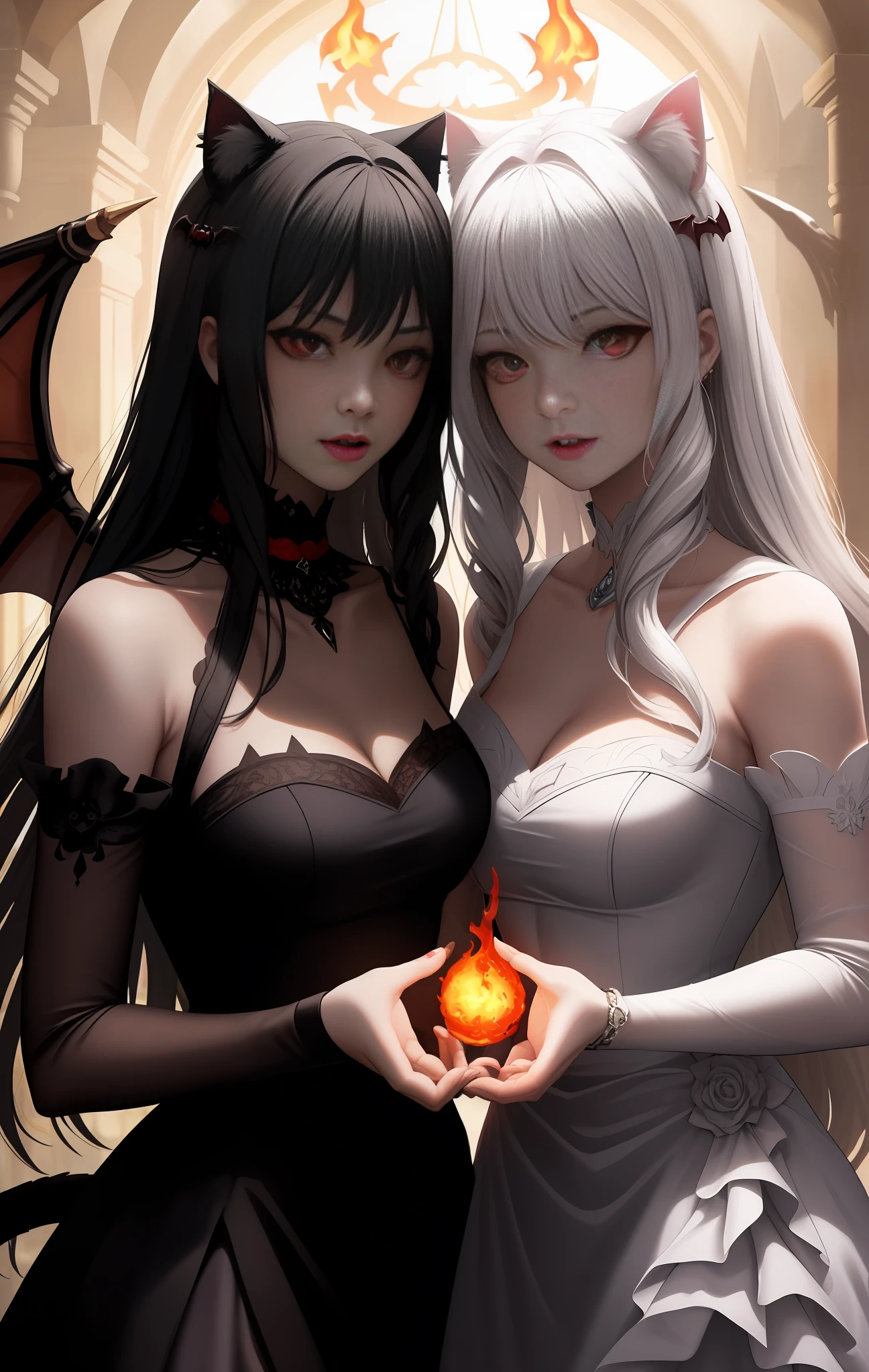 very best quality，​masterpiece，Vampires，Fully covered red and black cloth，Throw flames by hand，Glowing burning eyes，Visible vampire teeth，A high resolution，twins，The 2 girls are angels and demons，They all have a pair of beautiful wings，Porcelain dress，hair adornments，a choker，jewelries，beauitful face，s whole body，Tindal effect，realisticlying, Dark Studio, edge lit, dual-tone illumination,(highdetailskin:1.2), 8K  UHD, Digital SLR, softlighting, hightquality, Volumetriclighting, Candid camera, The photograph, A high resolution, 4K, 8K, Background bokeh, feline face，Fire magic，casting spells，Fire dragons fly，Fireball on the palm