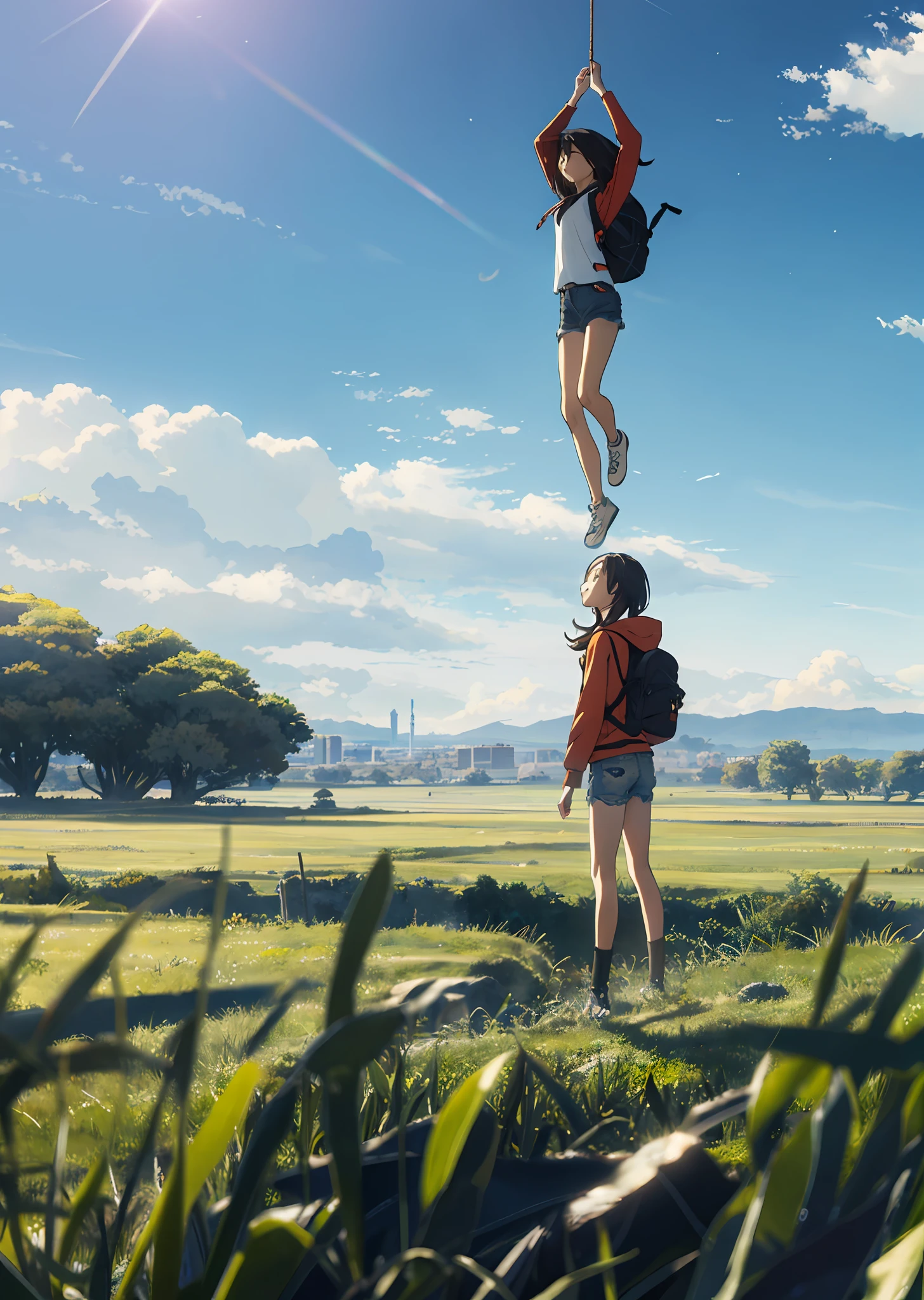 The vast sky, beautiful skyline, large grasslands, extremely tense and dramatic pictures, moving visual effects, the high-hanging Polaris, and colorful natural light. A long-sleeved top, denim shorts, and a girl with a backpack.