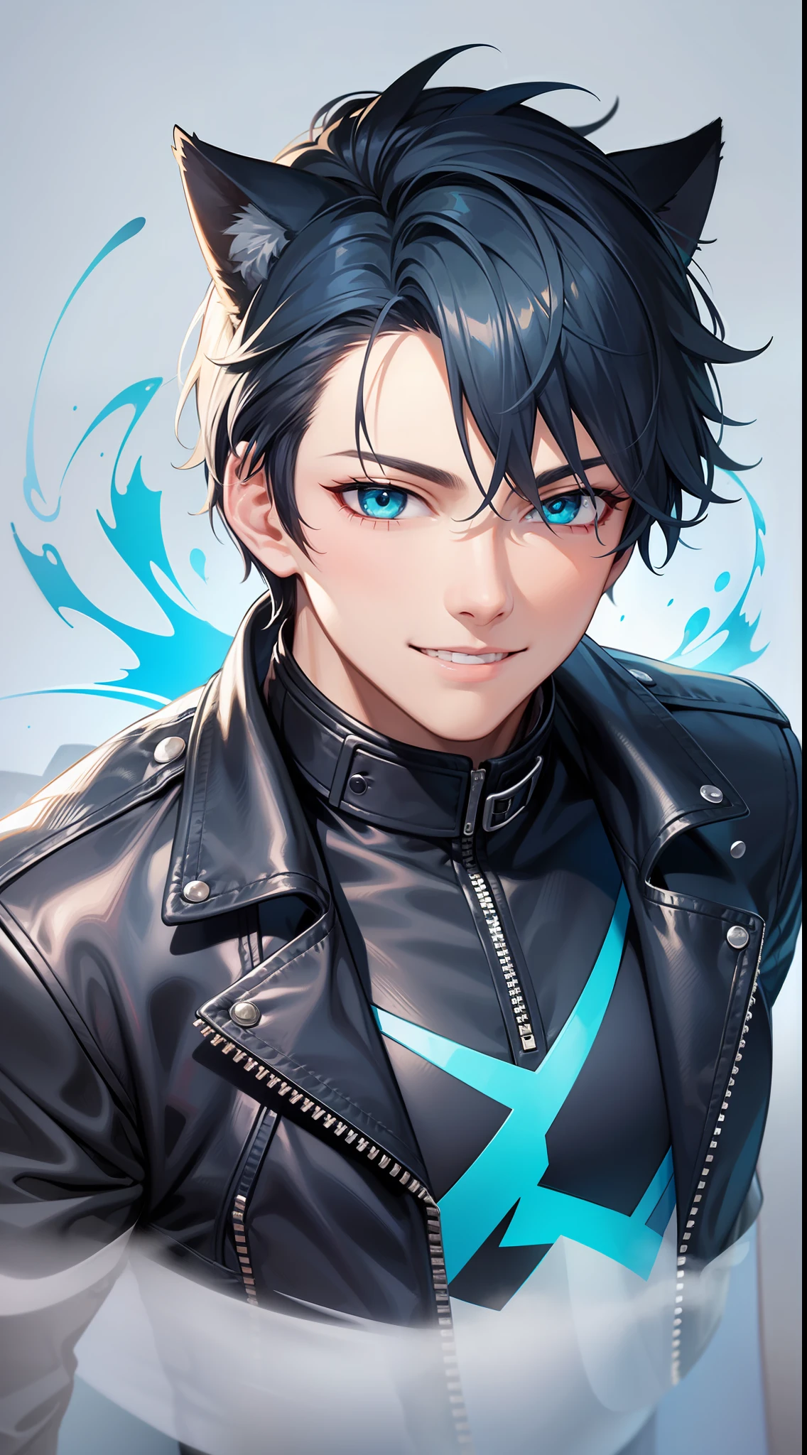 Young guy, Short dark blue hair, Cyan eyes, cat ears, leather jacket, a smile, Ghost Rider, Masterpiece, highly quality
