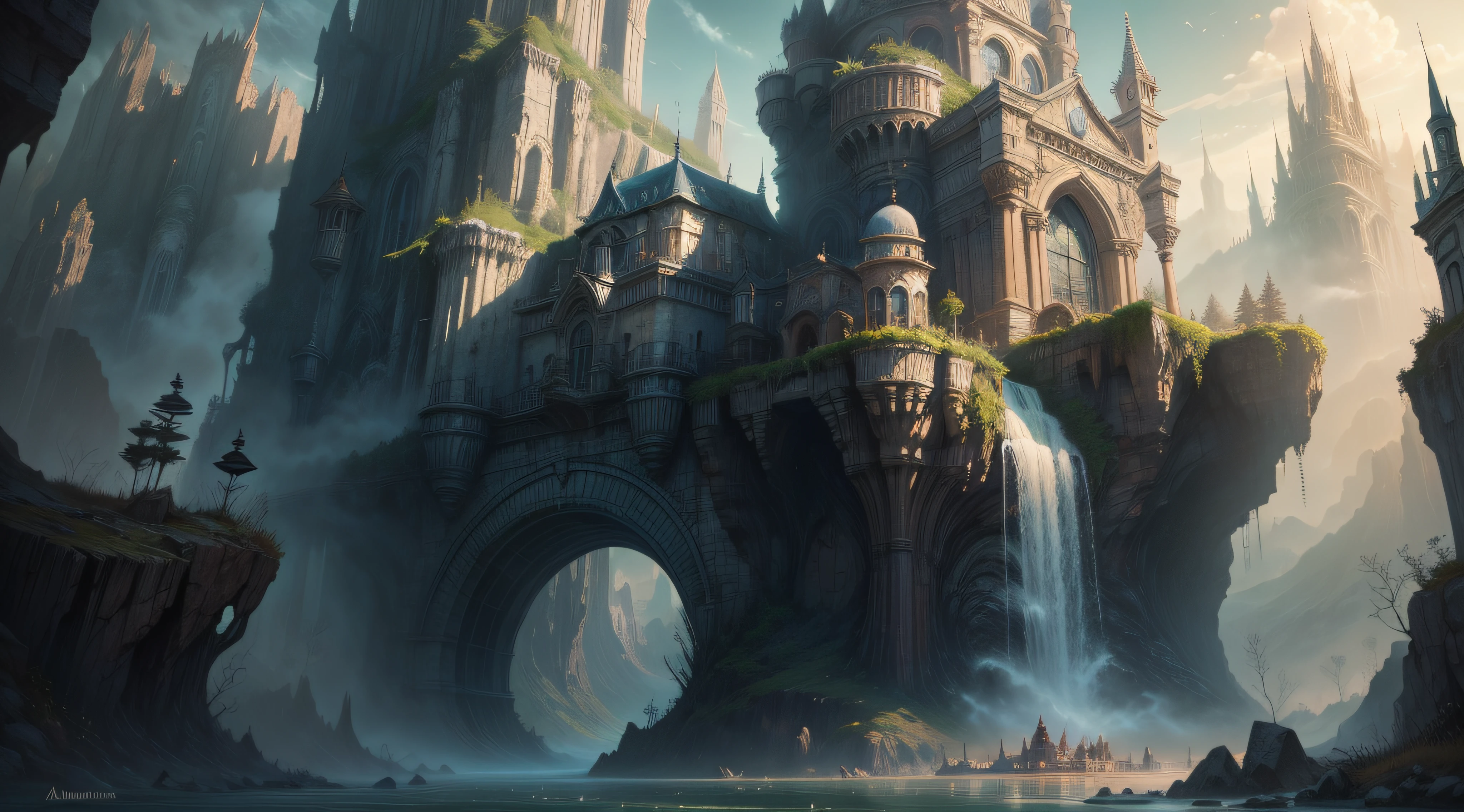 pintura de uma cabana na montanha com uma cachoeira e pagodes, Style of Art Digital of Epic Fantasy, cidade fortaleza de montanha, estilo andreas rocha, arte digital de fantasia de fantasia detalhada, Symmetrical Epic Fantasy Art, arte de fantasia 4k, castelo antigo cyberpunk, inspirado por Andreas Rocha, por Yang J, paisagem de fantasia impressionante, arte de fantasia detalhada, paisagem de arte de fantasia, arte de fantasia altamente detalhada, sky with clouds, sol,