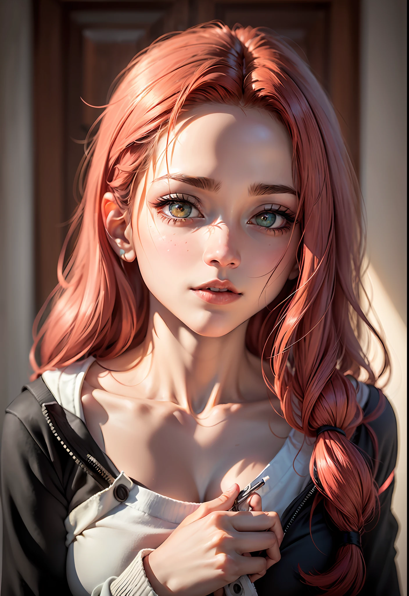 Clip Skip 1,1 girl,olho (((.RAW,FULL HD 8,K))), estrela blush, perfect lighting, cabelo ruivo,Olhos vermelhos, side-lighting ,rosto detalhado franja,pele clara , fundo simples ,fundo escuro , lighting and tones,((((obra-prima)))),