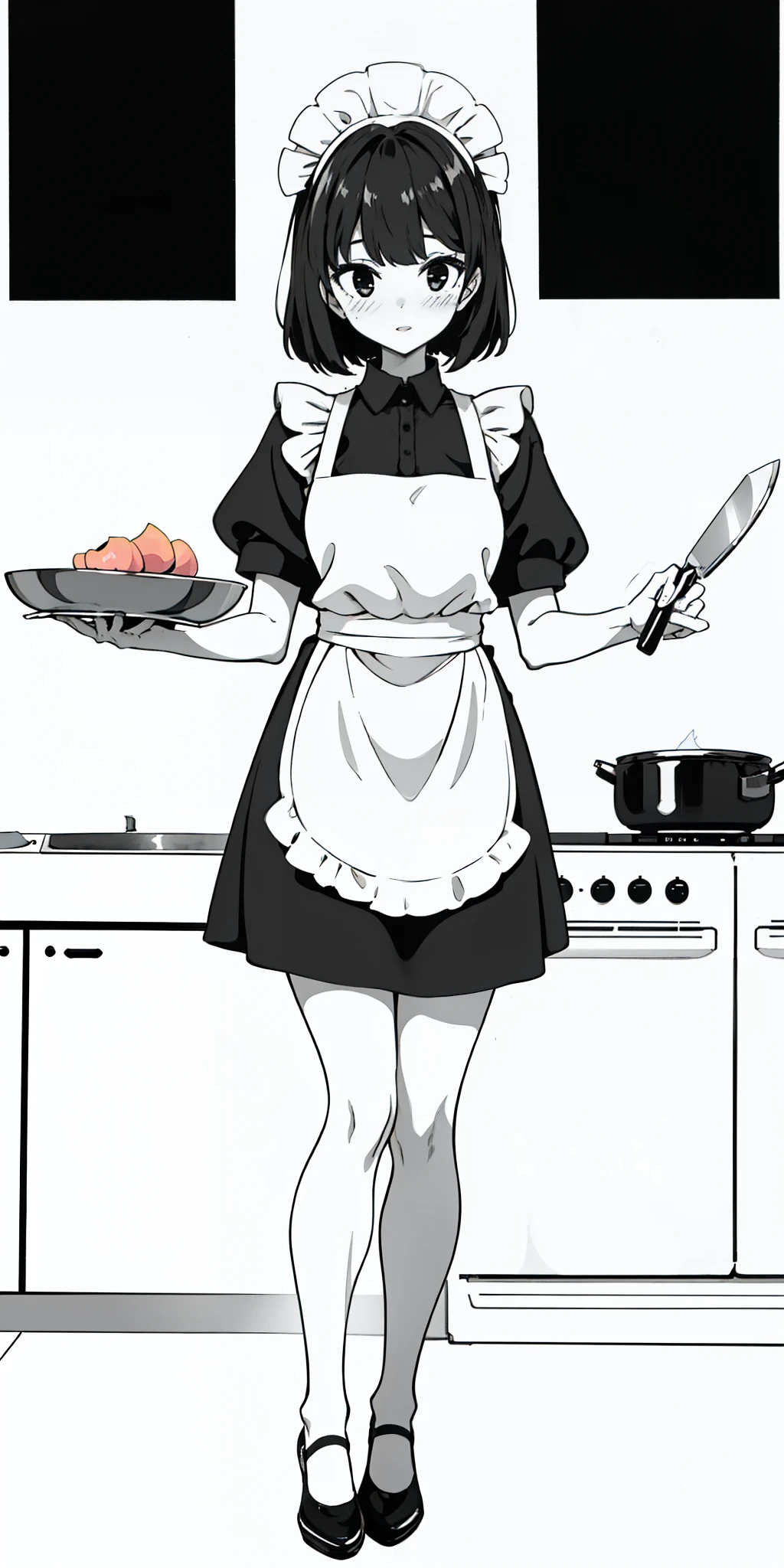 1girl, solo, masterpiece, highest quality, 8k, , kitchen background, naked apron, bare legs, sexy legs, bewitching thighs, blushing slightly, sfw, thick thighs, holding kitchen knife on each hand facing a turkey on plate half cooked, black hair, black eyes, peach skin, black and white apron,