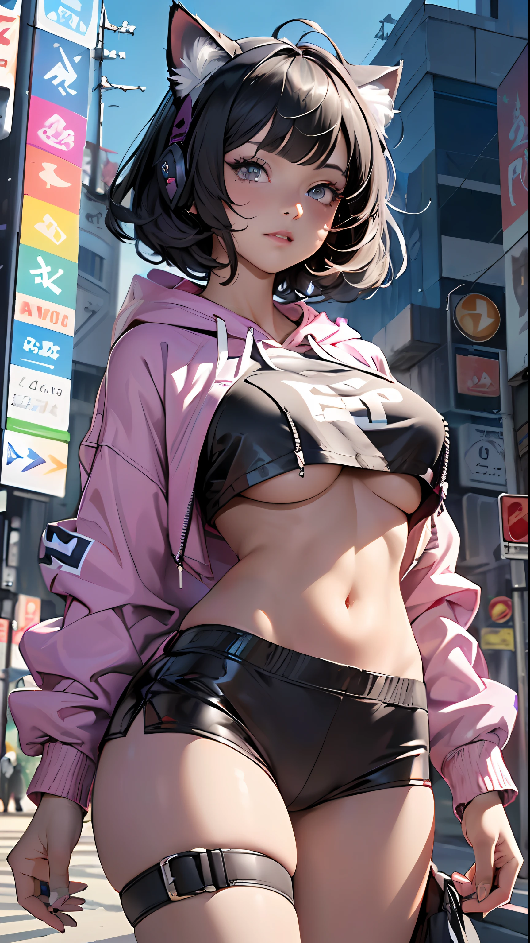 girl spacepunk,(1girl:1.3),((anime girl with extremely cute and beautiful black hair cat ears walking seductively down the street)),
(large breasts:1.4),saggy breasts,(((black wavy bob hair:1.35,bangs;1.35,messy hair,bangs;1.35, colored inner hair,ear breathing))),(((cat ears,cat ears on head,big cat ears))),((pink eyes:1.3,upturned eyes:1.3,perfect eyes,beautiful detailed eyes,rainbow glows ultra-detailed deep pink purple eyes:1.1,gradient eyes:1,finely detailed beautiful eyes:1,symmetrical eyes:1,big highlight on eyes:1.2)),(fat:1.2),(((lustrous skin:1.5,bright skin: 1.5,skin tanned,shiny skin,very shiny skin,shiny body,plastic glitter skin,exaggerated shiny skin))),(spider lower abdomen,narrow waist,wide hip,athletic body,inflated legs,delicate detailed fingers,detailed body,detailed arms,human hands, detailed hands),
cute,slutty,seductive,erotic,nsfw,
zettai ryouiki,revealing clothing,show skin,((((underboob)))),(wearing a mechanical space body armor:1.3,semi-naked,with little clothing,tiny thong,bare legs),((((crop top hoodie,cropped hoodie,hoodie))),(detailed outfit,detailed clothes),
(dynamic pose:1.0),solo focus,embarrassed,centered,scale to fit dimensions,Rule of thirds,
outdoors,(cyberpunk Background: 1.5, detailed background:1.25),
(Isometric: 1.0),double exposure,(masterpiece,best quality:1.3),(highres:1.5), absurdres,ultra detailed,cinematic light,realistic,ultra-realistic,high contrast,extraordinarily nice,vibrant colors,(intricate),HDR (High Dynamic Range),Ray Tracing,NVIDIA RTX,Super-Resolution,Unreal 5,Subsurface dispersion,PBR texture,Post-processing,Anisotropic filtering,Depth of field,Maximum clarity and sharpness,Multilayer textures,Albedo and specular maps,Surface shading,Accurate simulation of light-material interaction,Octane Render,Two-tone lighting,Wide aperture,Low ISO,White balance,8K RAW,Saturation boost,