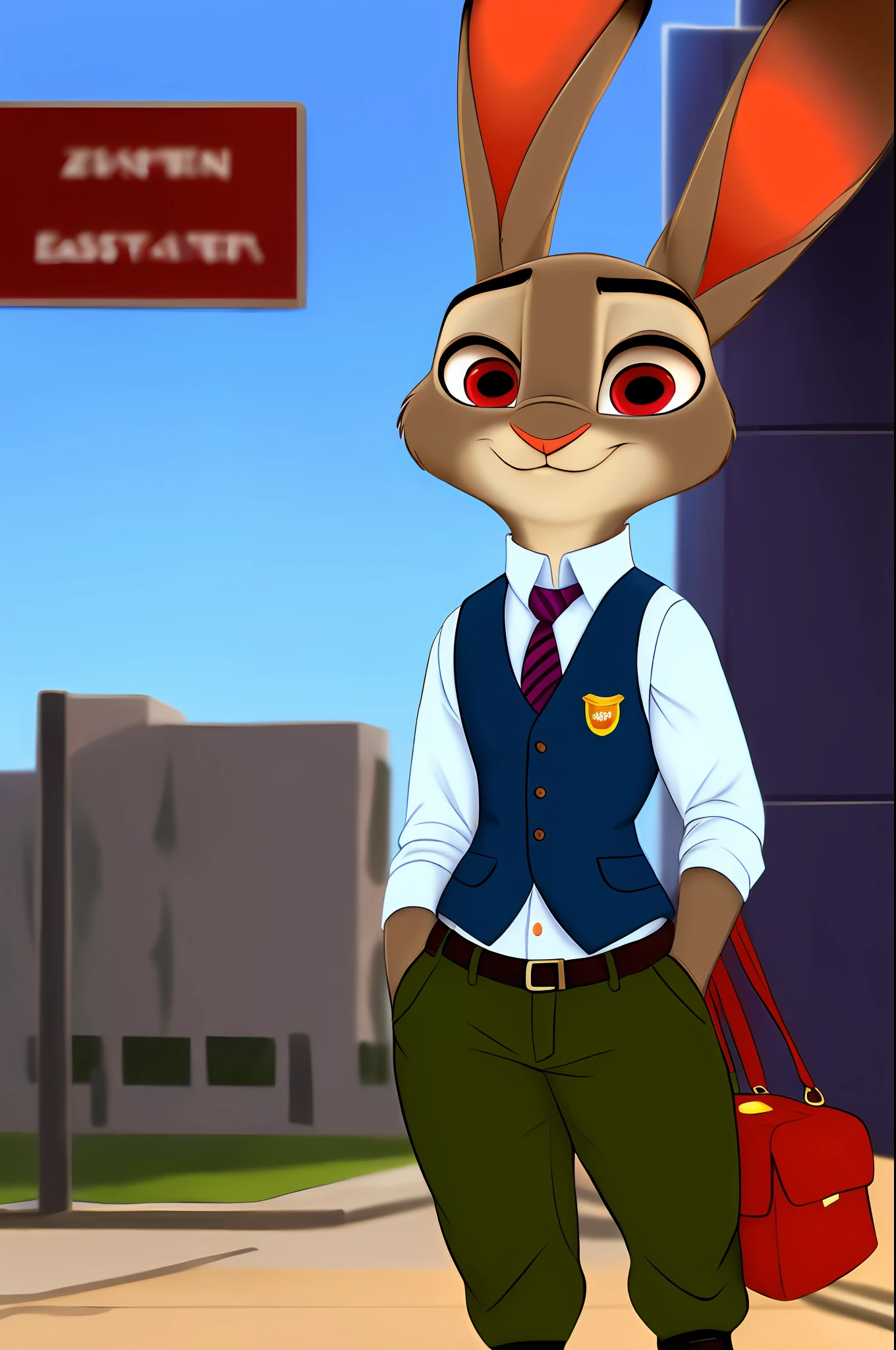 copyright, Zootopia, 1girl, Judy Hopps, Easter themed, brown hair, red eyes, standing next to human, looking up, looking at viewer, Military beret, sweater vest, wearing satchel