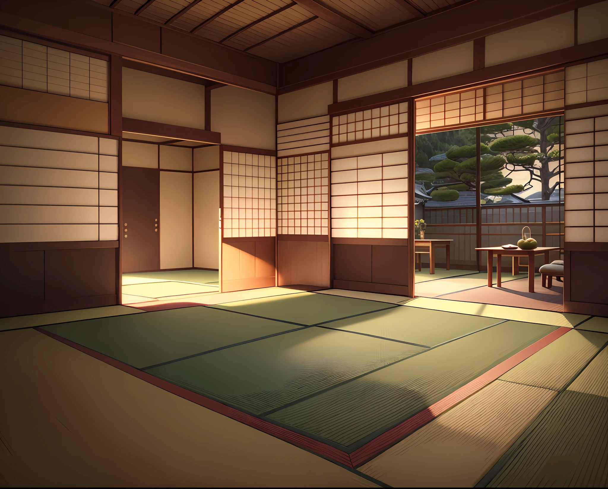 there is a room with a tata screen and a table, tatami galaxy, in a dojo, japanese house, Japanese style, by Shūbun Tenshō, inspired by Shūbun Tenshō, by Gusukuma Seihou, by Taiyō Matsumoto, inspired by Gusukuma Seihō