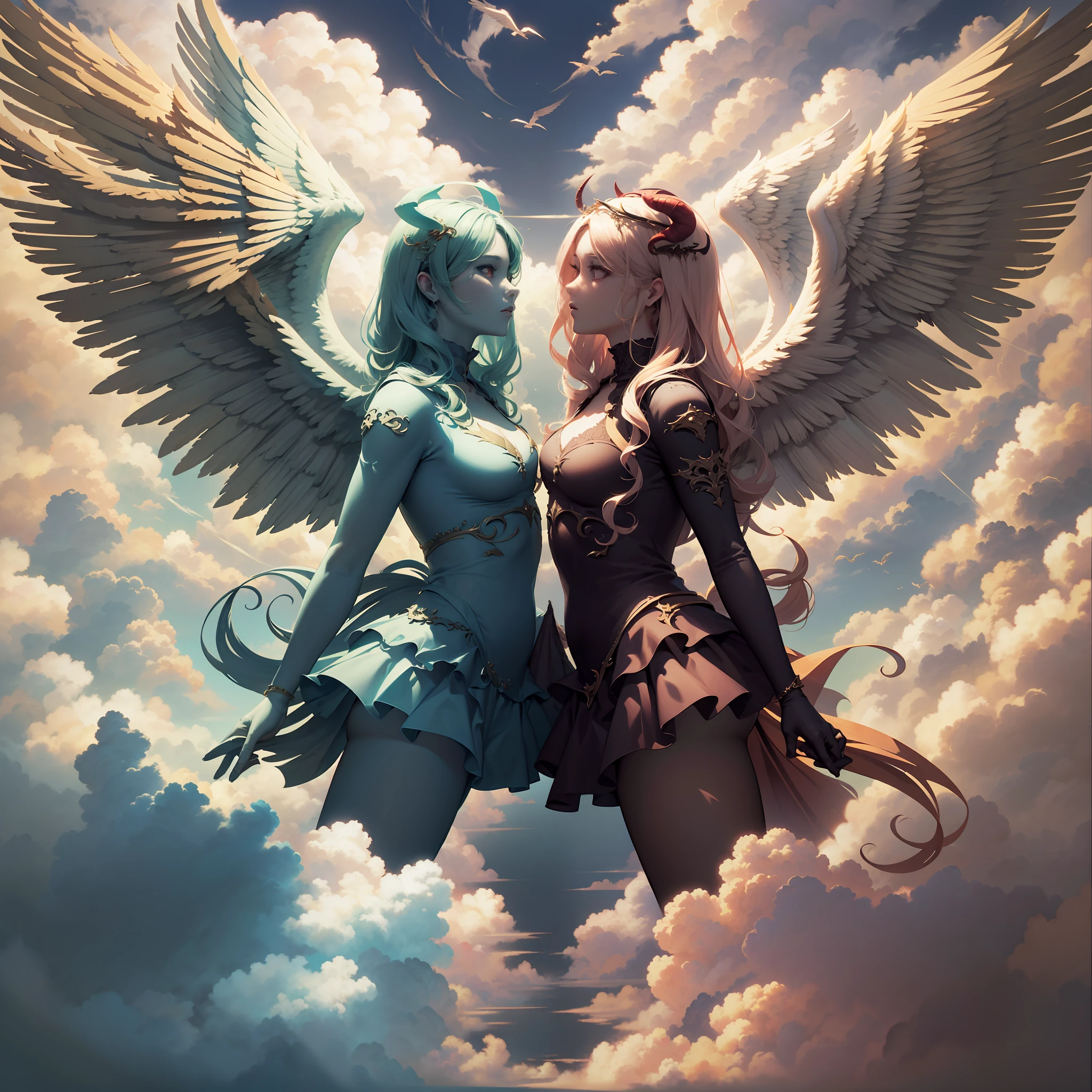 Surrealism, drop shadow, anaglyph, stereogram, tachi-e, pov, atmospheric perspective, 8k, super detail, ccurate, best quality,Twins,2girls,an angel,devils,wings,Angels and demons