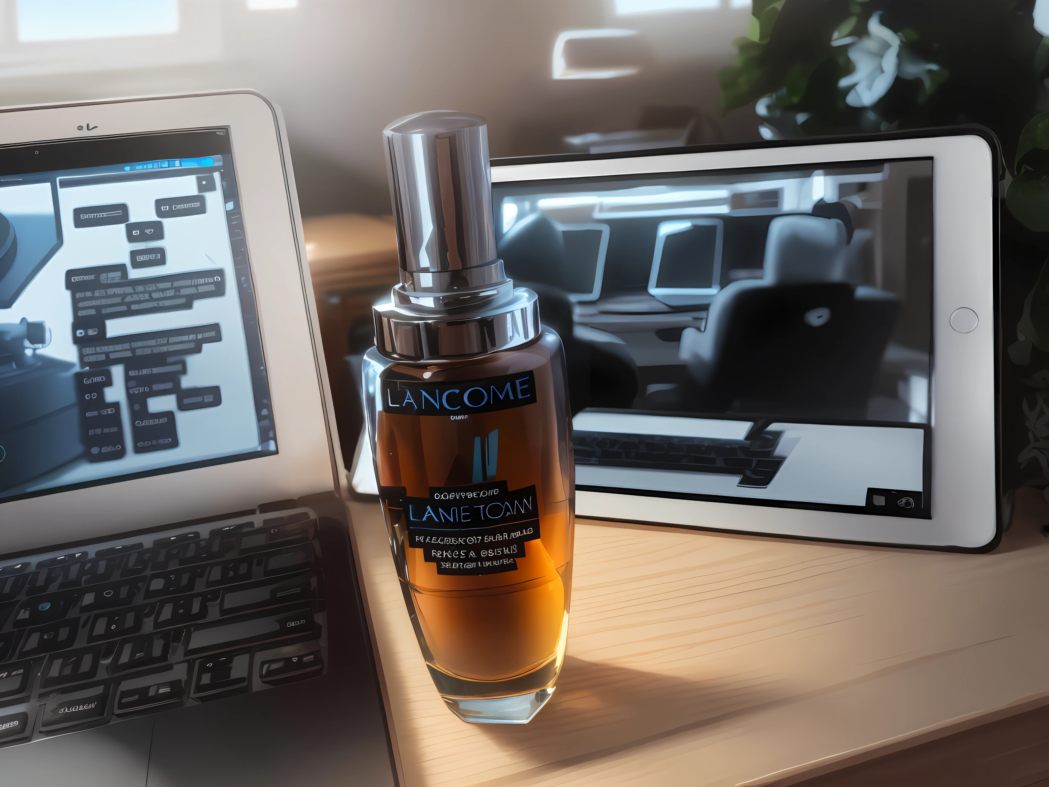 On the table was a small black bottle of Lancome,Next to it is a laptop, A fan in the upper right corner,on desk, morning shot,, full - view, Top view, Skincare,, a wide full shot, nice composition,gameplay footage, landscape shot