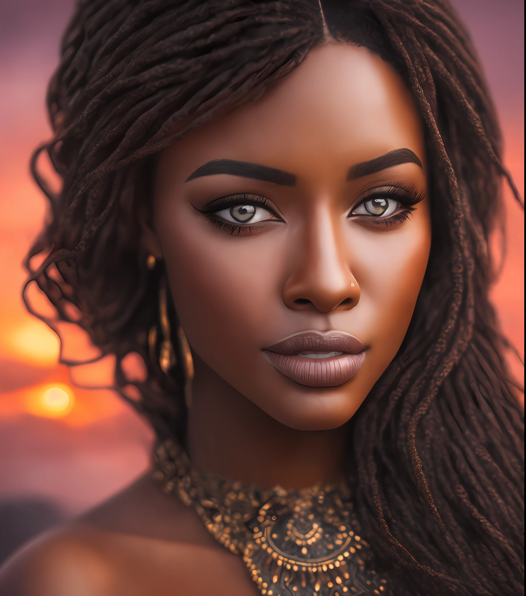 85mm, f1.8, portrait of black woman, photo realistic, hyperrealistic, orante, super detailed, intricate, dramatic, sunset lighting, shadows, high dynamic range