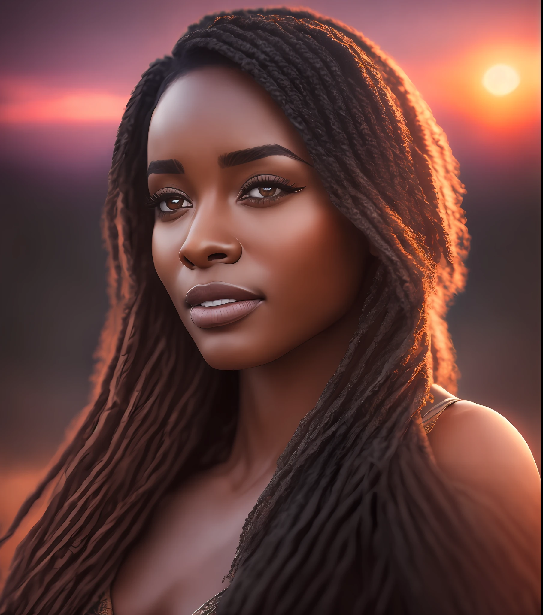 85mm, f1.8, portrait of black woman, photo realistic, hyperrealistic, orante, super detailed, intricate, dramatic, sunset lighting, shadows, high dynamic range