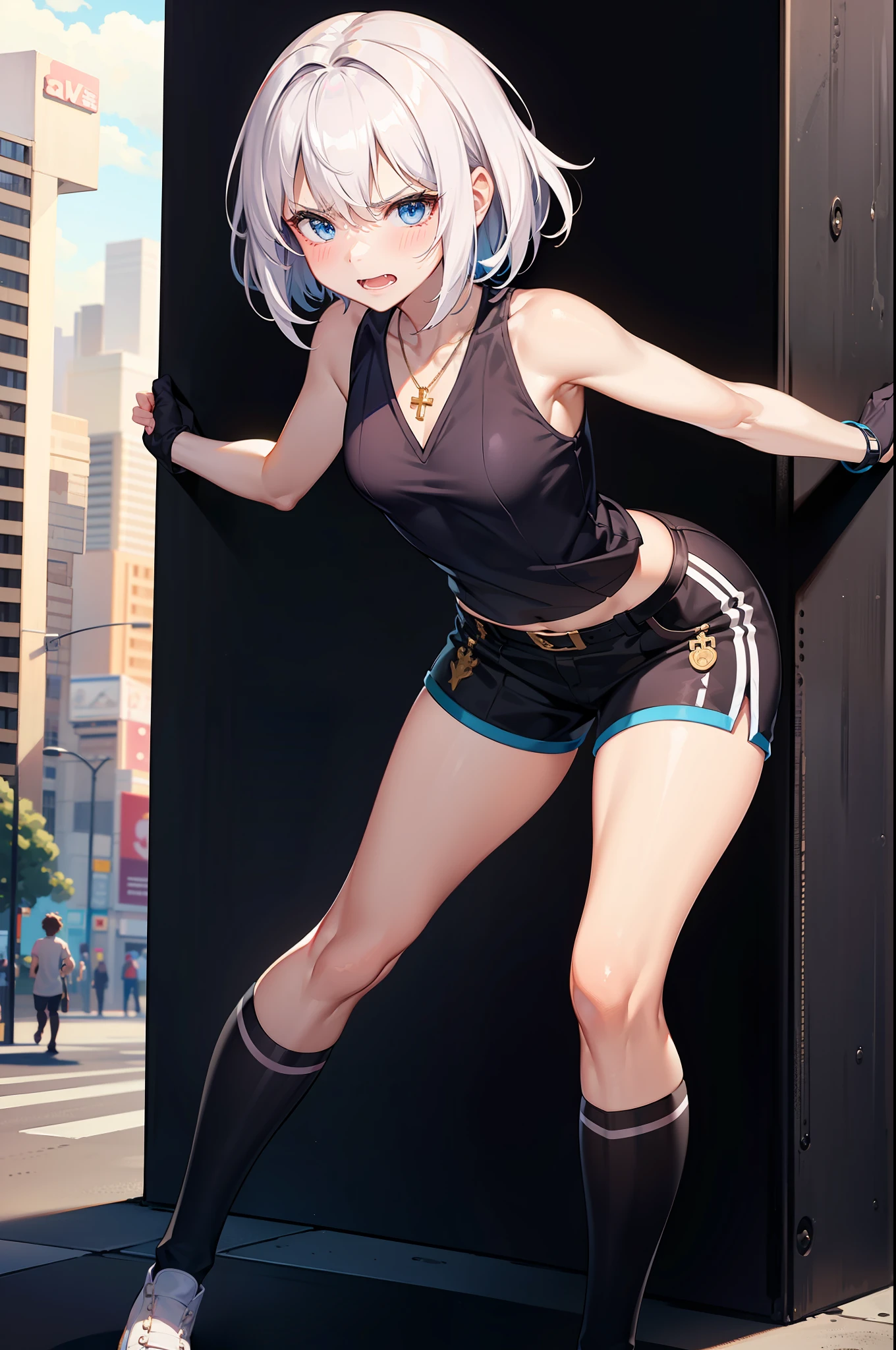 巨作, Best quality, 巨作,Best quality,offcial art,Extremely fine CG uni crewneck y 8k wallpaper, golden hour lighting, strong rimlight, intense shadow, at cyberpunk city, art book, Medium hair, White hair,  Blue eyes, Small breasts, Sleeveless shirt, upshorts, kneehighs, jitome, half-closed eye, :crewneck, ((hair shawls)),hair between eye,（A look of disdain），（Gradient hair）,dyed bangs,Cross necklace，,Leaning forward,Open mouth,Naughty face,Thin,a little angry,Long hair