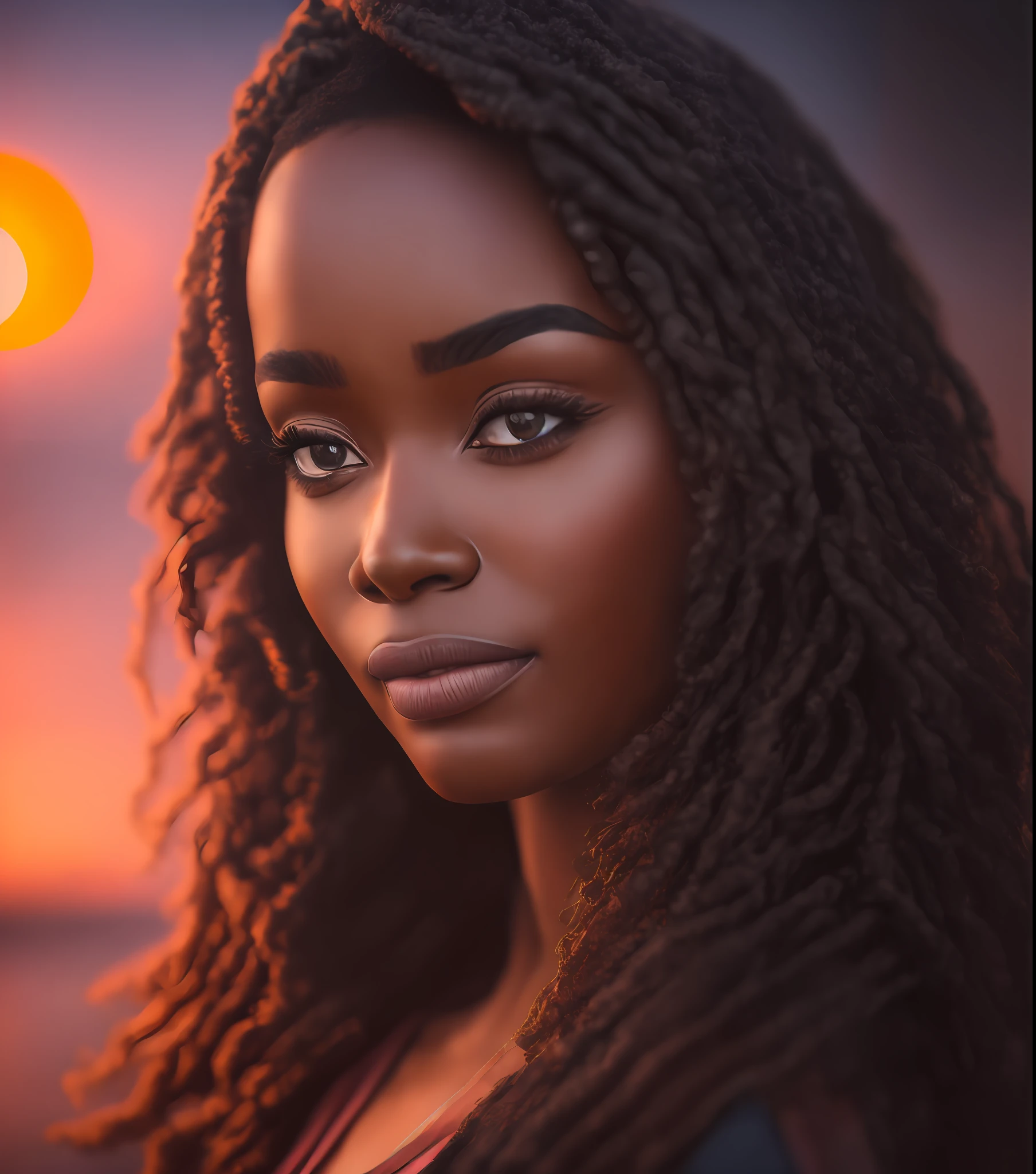 85mm, f1.8, portrait of black woman, photo realistic, hyperrealistic, orante, super detailed, intricate, dramatic, sunset lighting, shadows, high dynamic range