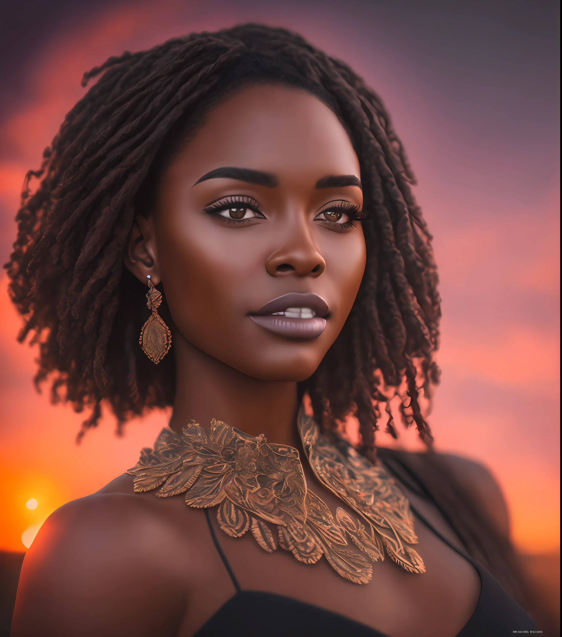 85mm, f1.8, portrait of black woman, photo realistic, hyperrealistic, orante, super detailed, intricate, dramatic, sunset lighting, shadows, high dynamic range