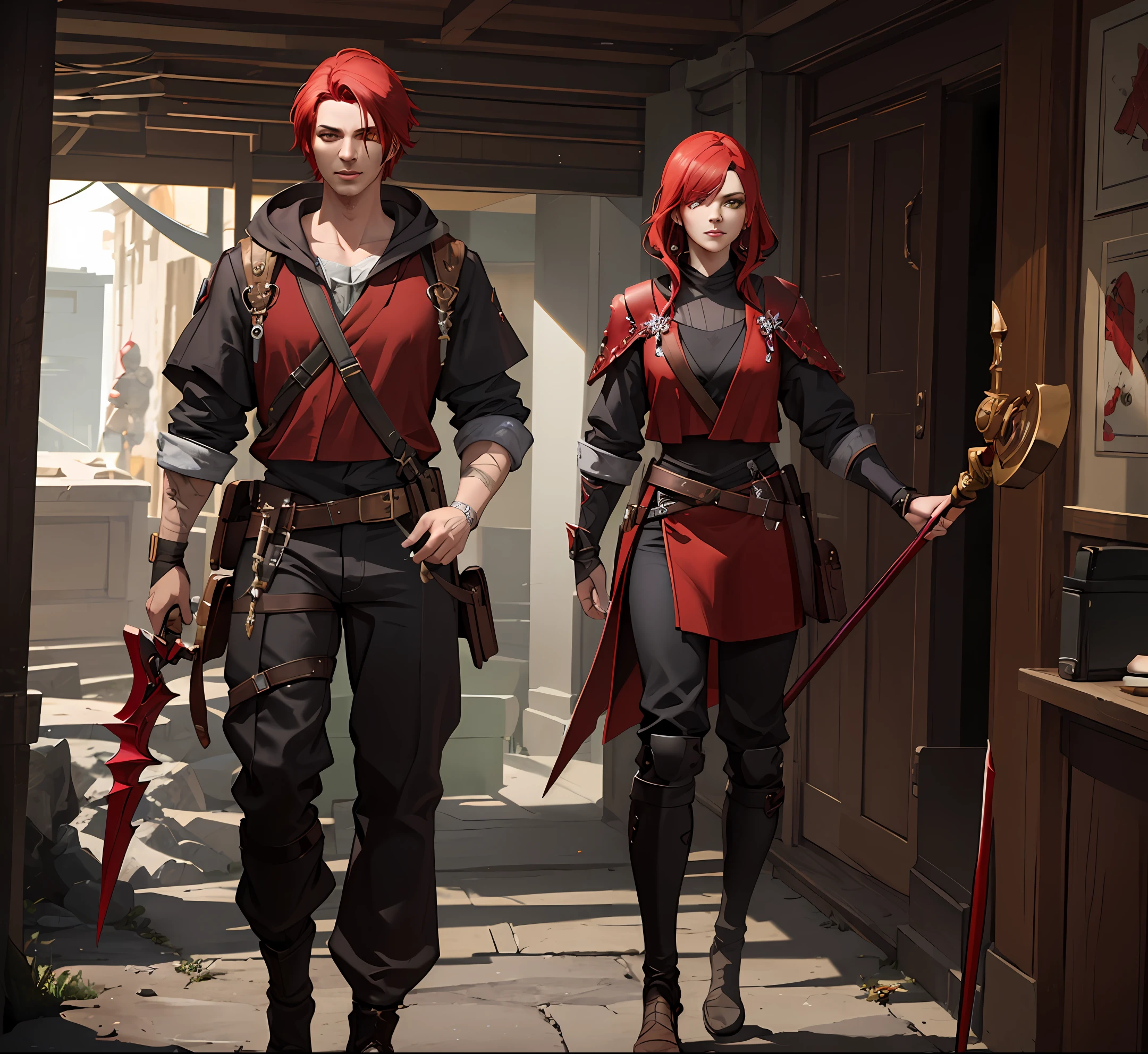 a hybrid design of a thief, monk, warlock and barbarian with red hair, green eyes, a scar, red armor, a staff and a ring, fantasy, artstation, trending, cgsociety, much wow, octane render unreal engine 5, path