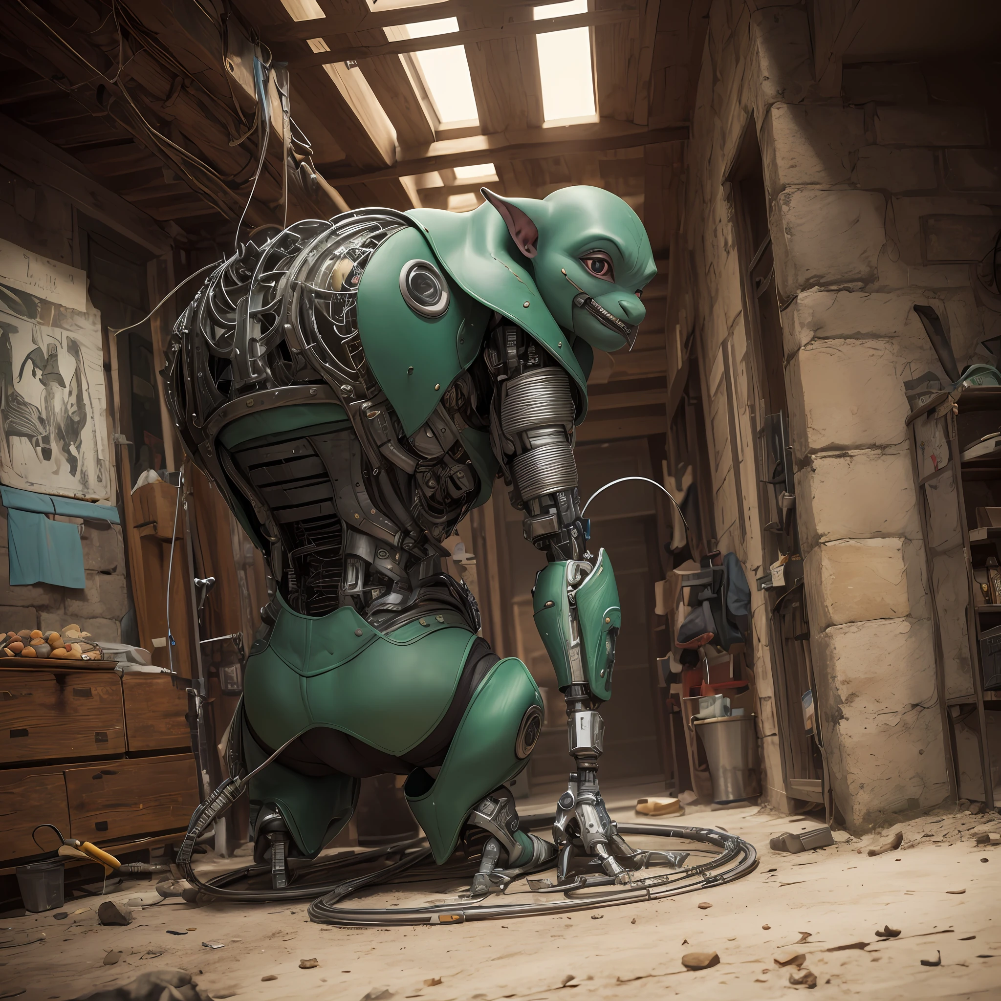 Identical character Dobby (  Three feet, 91,4 centimeters,   green, Home Elf) +the hobbit (   short people with fluffy, leathery legs)   , 独奏, The whole body is made of metal, (A cyborg:1.1), ([tail | Detailed wire]:1.3), (intricated details), HDR, (intricated details, hyper-detailing:1.2), cinematic still, vignette, in the center, “Hyper-realistic textures," "Exact Details,” “Realistic still life,” “Realistic portraits,” “Realistic landscapes.