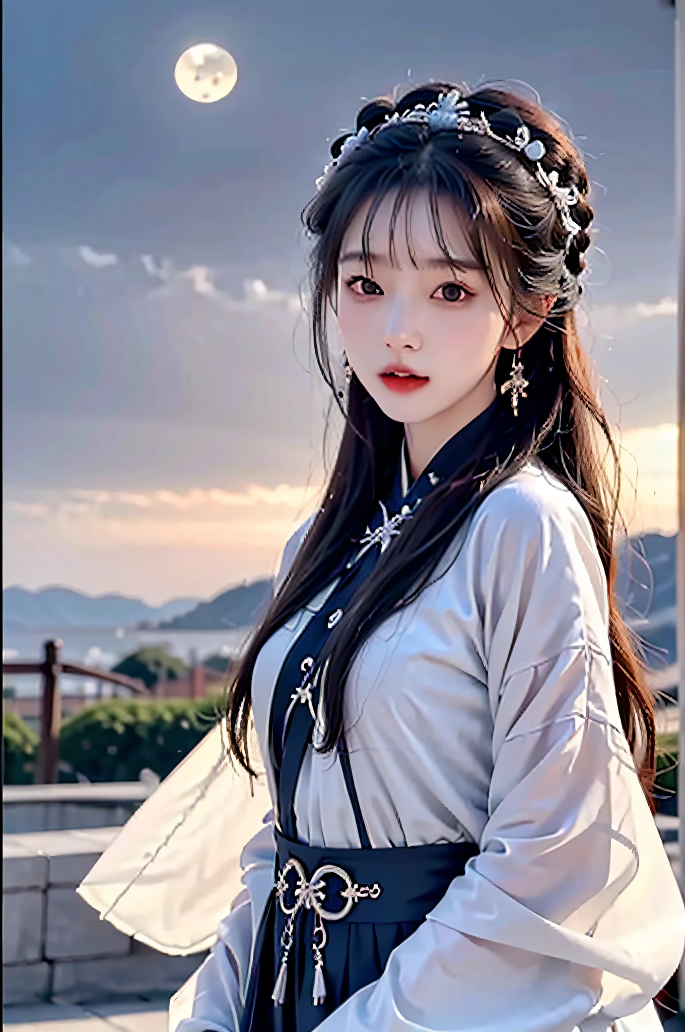 (Hyperrealistic,)4K,35mm,cinematography,super high details, Professional lighting, Best quality, Super high resolution, Visually stunning, (1girls:1.3), (dark blue theme:1.2), Light gray background, Deep blue, Wuxia,Chinese style,Hanfu,Bright wind,realskin,