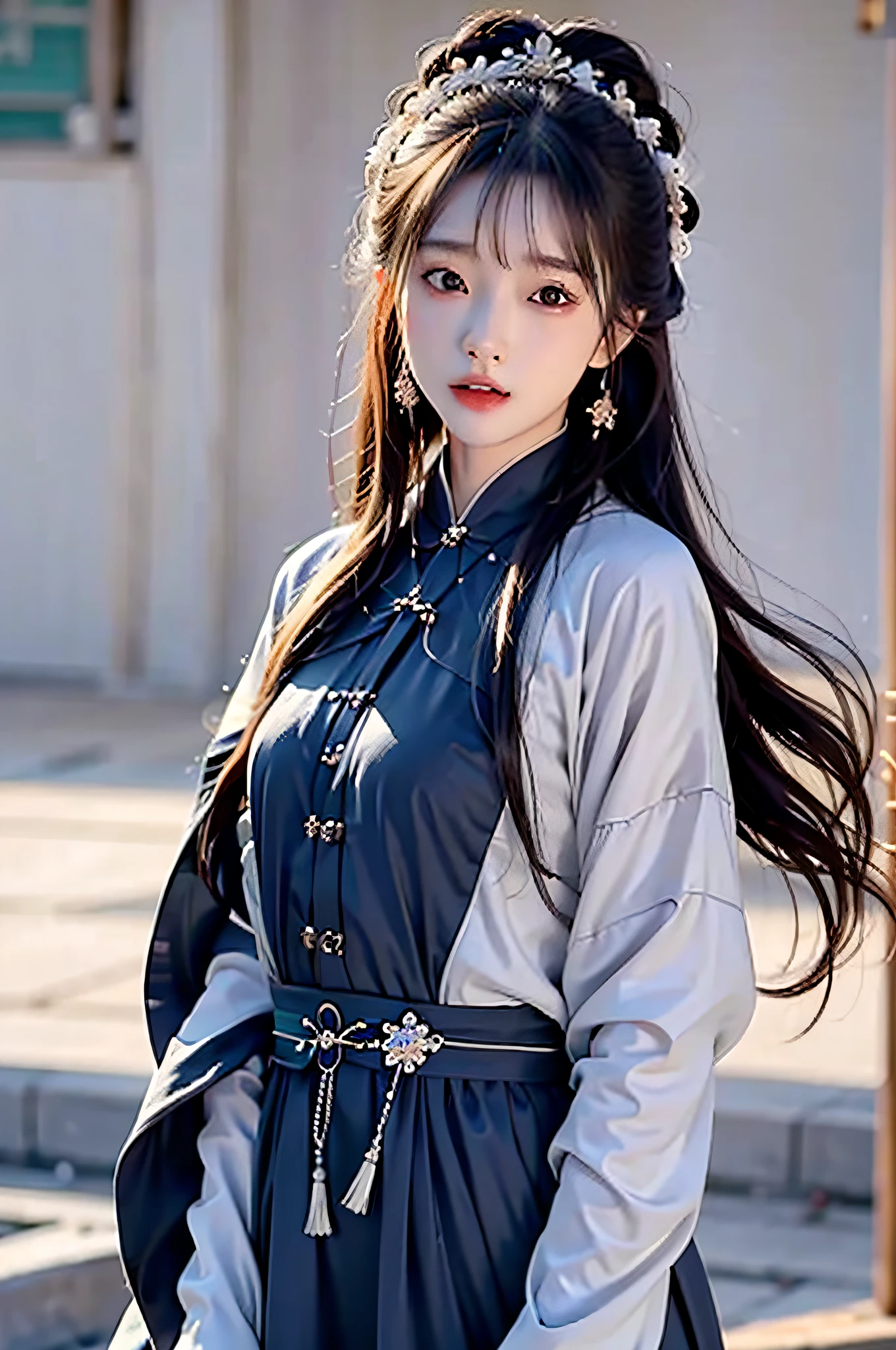 (Hyperrealistic,)4K,35mm,cinematography,super high details, Professional lighting, Best quality, Super high resolution, Visually stunning, (1girls:1.3), (dark blue theme:1.2), Light gray background, Deep blue, Wuxia,Chinese style,Hanfu,Bright wind,realskin,