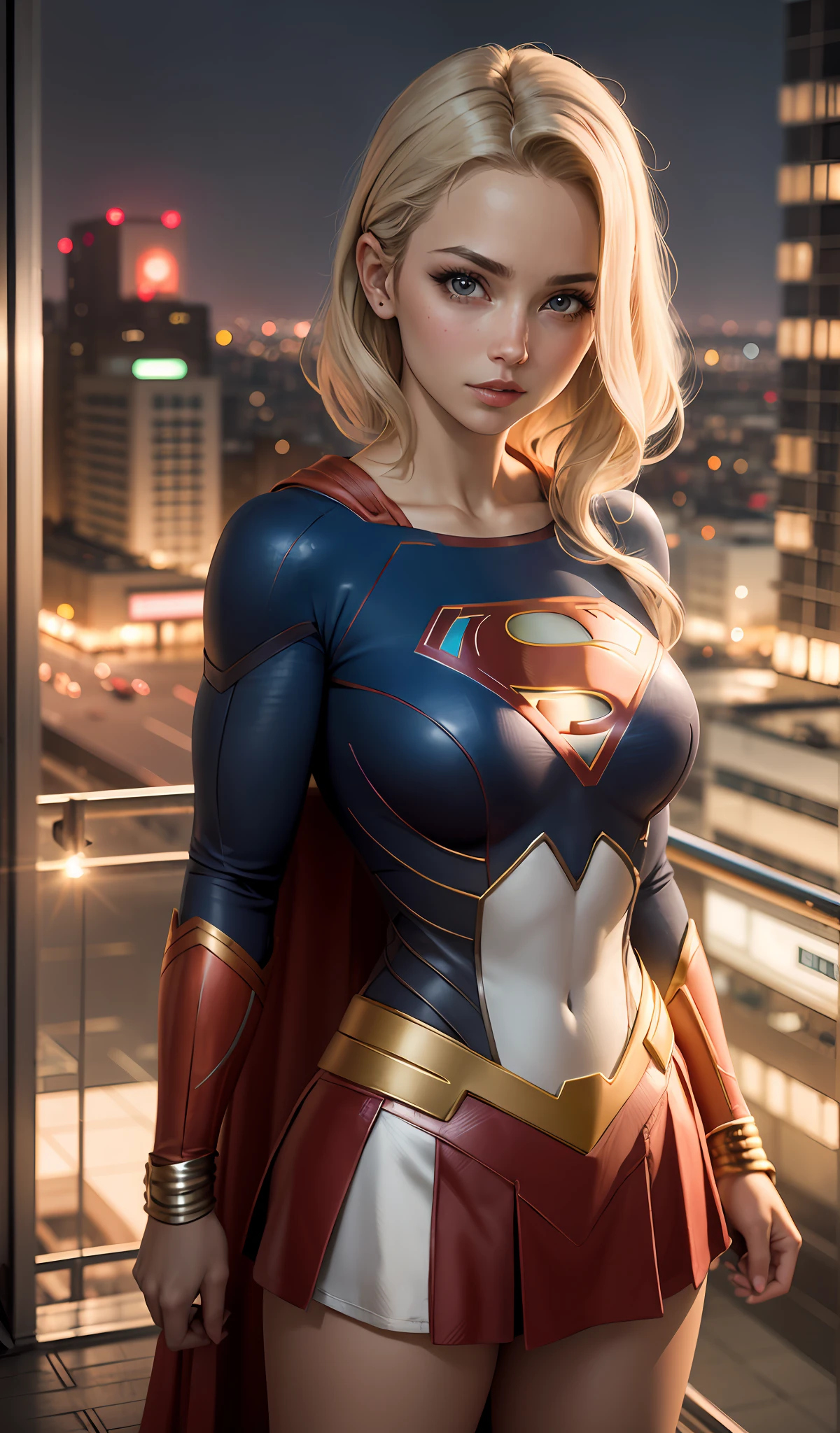 4k, realista, Charismatic, muito detalhe, There's a girl at the top of town, vestindo o figurino da Supergirl, She's a super girl, white superhero theme, cabelo longo loiro, 25 anos, Olhos azuis Brilhantes, corpo inteiro