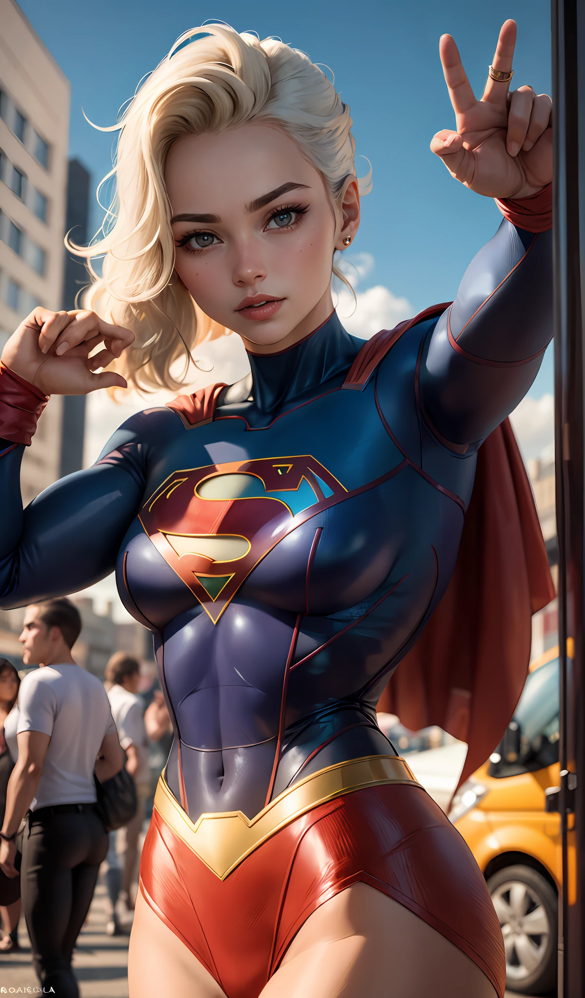 4k, realista, Charismatic, muito detalhe, There's a girl at the top of town, vestindo o figurino da Supergirl, She's a super girl, white superhero theme, cabelo longo loiro, 25 anos, Olhos azuis Brilhantes, corpo inteiro