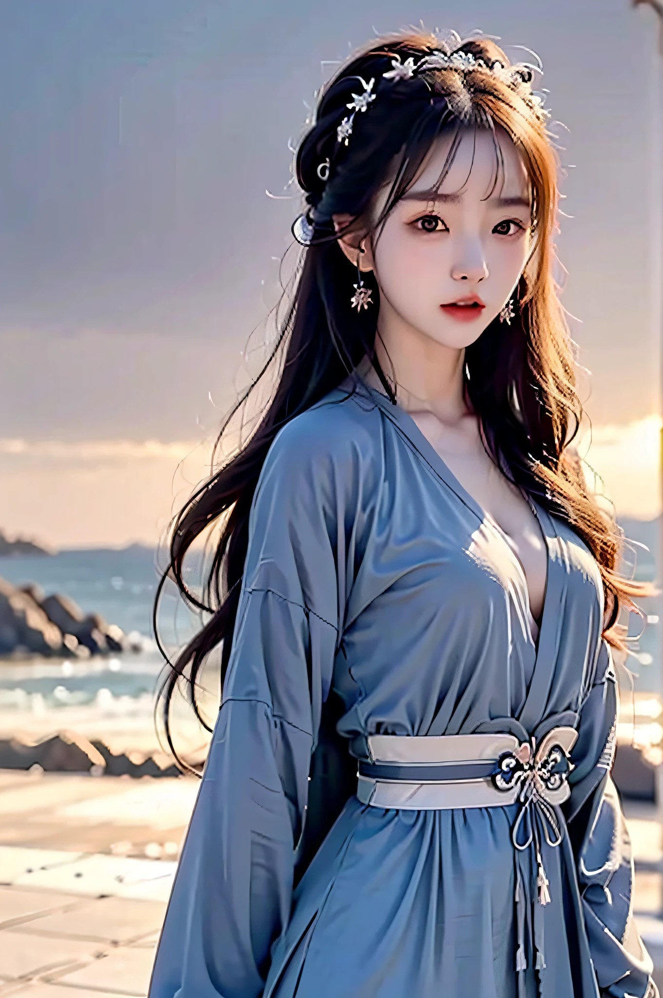 (Hyperrealistic,)4K,35mm,cinematography,super high details, Professional lighting, Best quality, Super high resolution, Visually stunning, (1girls:1.3), (dark blue theme:1.2), Light gray background, Deep blue, Wuxia,Chinese style,Hanfu,Bright wind,realskin,