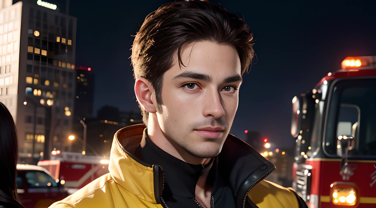 (head shot), (only face), (one male gay handsome muscular firefighter in his 30s), one handsome muscular male firefighter in his 30's in New York City, He wears yellow protective coats、 (yellow helmets), fire, (red fire truck) and New York skyscrapers in the background, He resembles Chris Redfield from Resident Evil, Mischievous smile, (detaile: 1 in 1), Natural muscles, HIG quality, Beautiful  eyes, (Detailed face and eyes), (Face、: 1 / 2), Noise, Real Photographics、... ....................................PSD, Sharp Focus, High resolution 8K, realisitic & Professional Photography, 8K UHD, Soft lighting, High Quality, Film grain, FUJI XT3