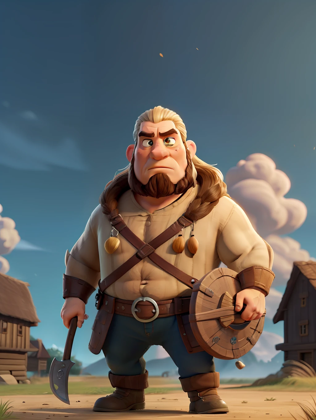 A very stout and strong viking warrior, wearing a viking helmet, in a battlefield, action scene, holding an axe, a Vikking village and seaport in the background, pixar artstyle, fierce eyebrows, cinematic rim light, very thick neck, intense action scenes, dynamic juxtaposition, young warrior, very high quality face, Vikking game, exploitable image, face neck shoulders, tall strong man, long windy hair, stylized dynamic folds, angry man, Pixar artstyle, Vikking game, exploitable image, face neck shoulders, tall strong man, long windy hair, stylized dynamic folds, angry look, in the style of Pixar Animations