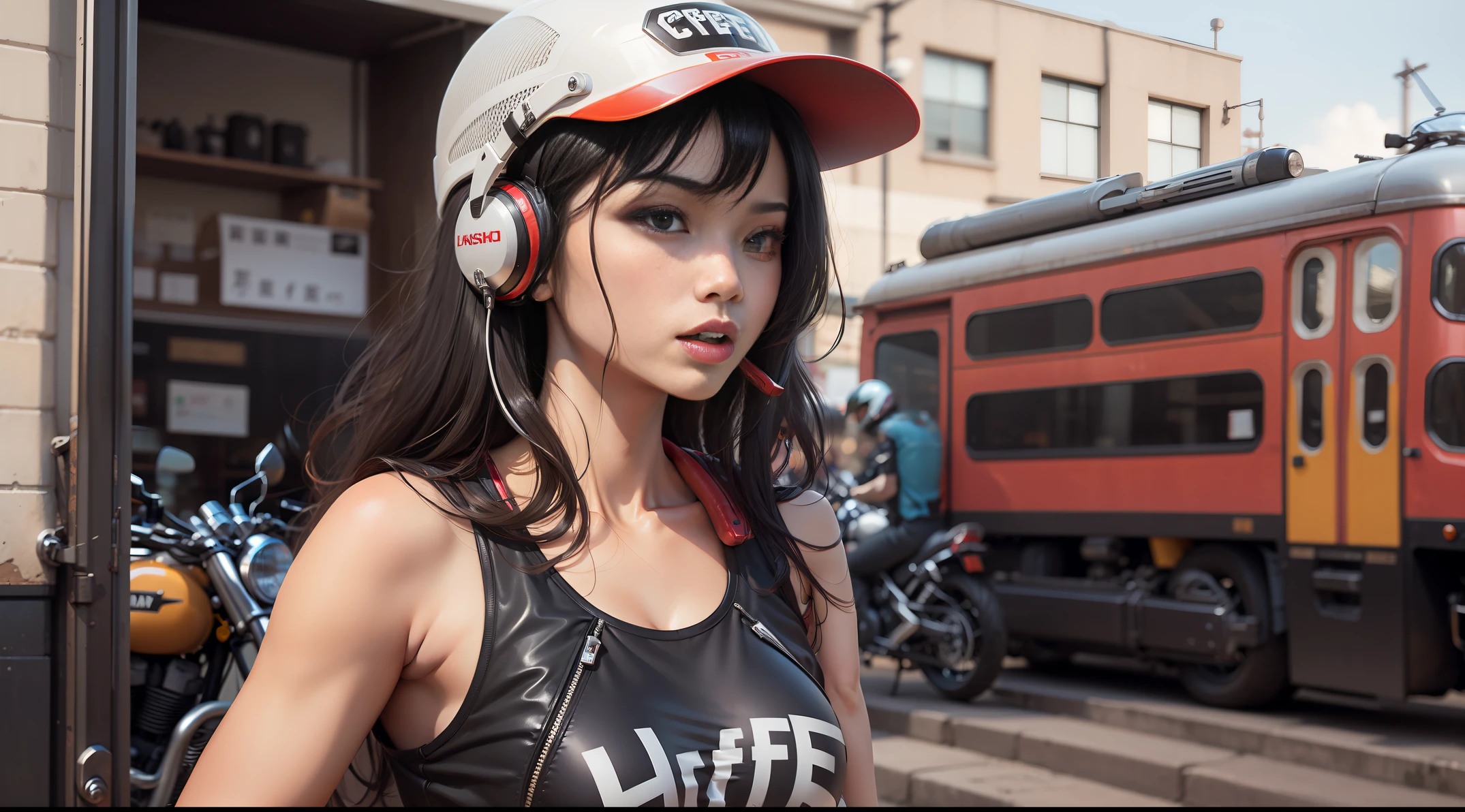 Black hair、largeeyes、Bobbed hair、Heroic、oral sexy、Motorcycle suits，Headphones pinned to the neck，，Stand in front of the coffee shop，There is a cruising motorcycle parked next to it，A helmet hangs from the handlebar of the motorcycle