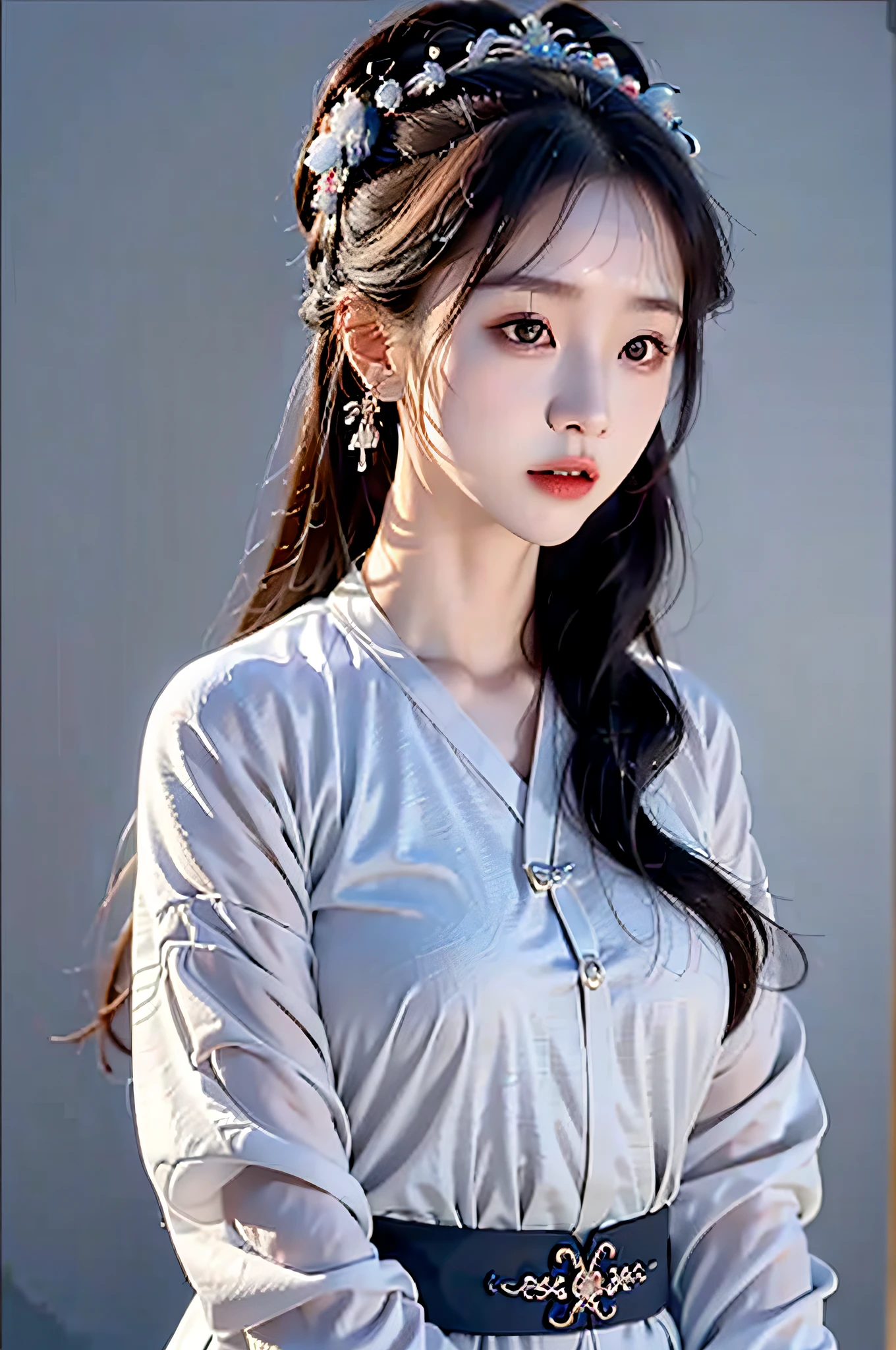 (Hyperrealistic,)4K,35mm,cinematography,super high details, Professional lighting, Best quality, Super high resolution, Visually stunning, (1girls:1.3), (dark blue theme:1.2), Light gray background, Deep blue, Wuxia,Chinese style,Hanfu,Bright wind,realskin,