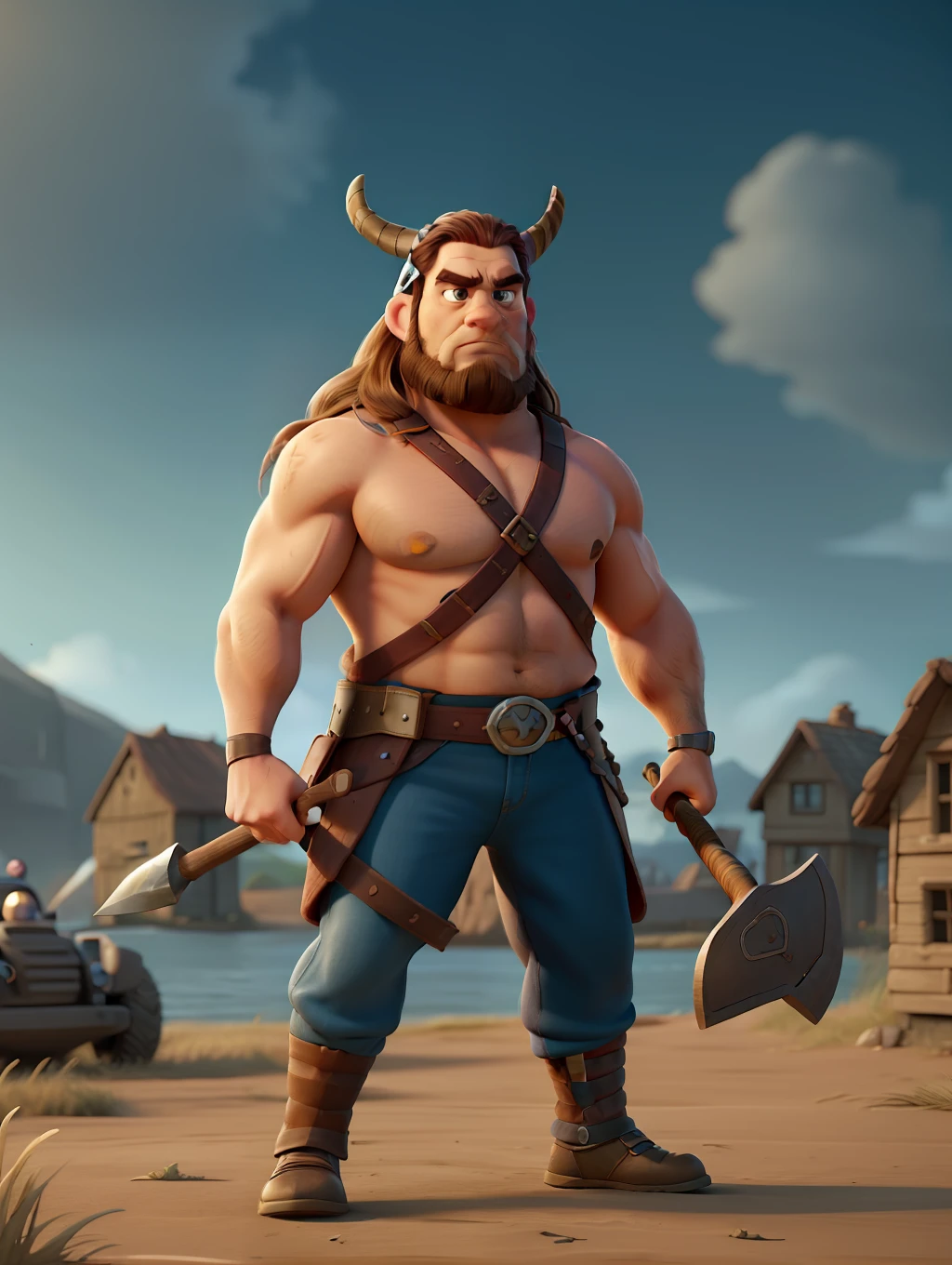 A very stout and strong viking warrior, wearing a viking helmet, in a battlefield, action scene, holding an axe, a Vikking village and seaport in the background, pixar artstyle, fierce eyebrows, cinematic rim light, very thick neck, intense action scenes, dynamic juxtaposition, young warrior, very high quality face, Vikking game, exploitable image, face neck shoulders, tall strong man, long windy hair, stylized dynamic folds, angry man, Pixar artstyle, Vikking game, exploitable image, face neck shoulders, tall strong man, long windy hair, stylized dynamic folds, angry look, in the style of Pixar Animations