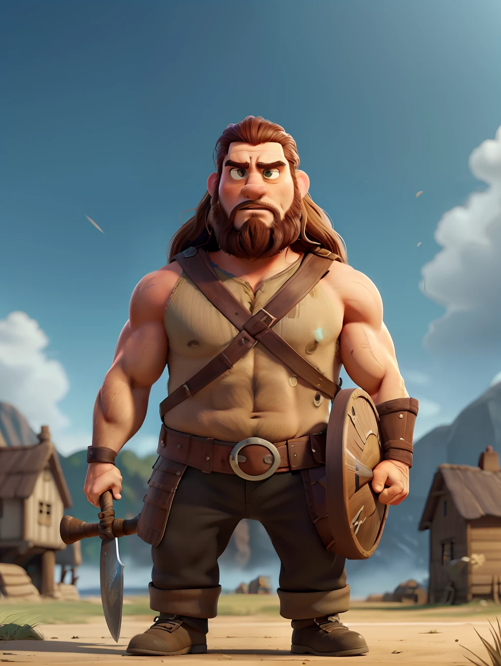 A very stout and strong viking warrior, wearing a viking helmet, in a battlefield, action scene, holding an axe, a Vikking village and seaport in the background, pixar artstyle, fierce eyebrows, cinematic rim light, very thick neck, intense action scenes, dynamic juxtaposition, young warrior, very high quality face, Vikking game, exploitable image, face neck shoulders, tall strong man, long windy hair, stylized dynamic folds, angry man, Pixar artstyle, Vikking game, exploitable image, face neck shoulders, tall strong man, long windy hair, stylized dynamic folds, angry look, in the style of Pixar Animations