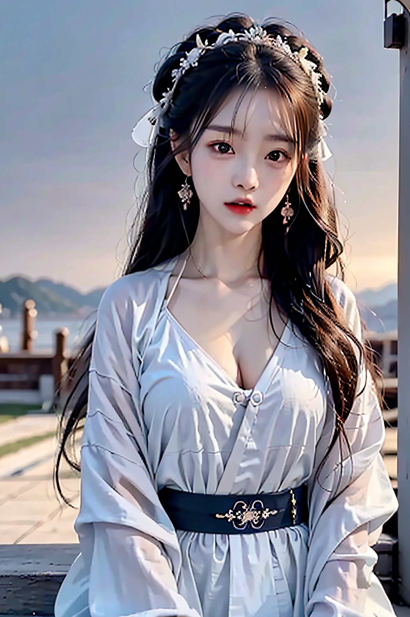 (Hyperrealistic,)4K,35mm,cinematography,super high details, Professional lighting, Best quality, Super high resolution, Visually stunning, (1girls:1.3), (dark blue theme:1.2), Light gray background, Deep blue, Wuxia,Chinese style,Hanfu,Bright wind,realskin,