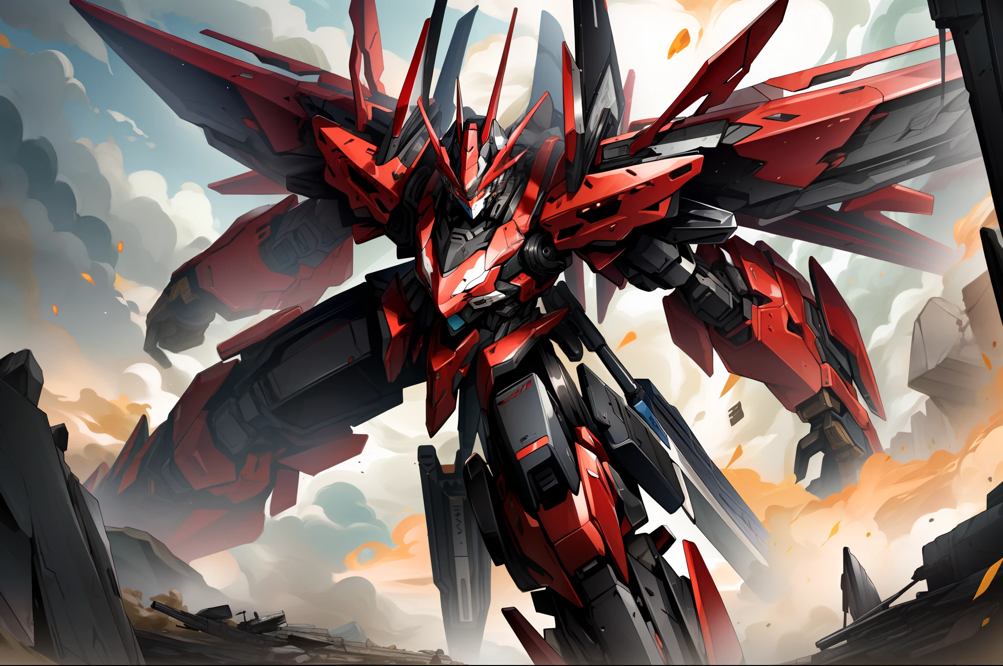 (masterpiece:1.4), (best quality:1.4), (high resolution:1.4),official art, sniper gun, gun,aiming ,firing, extreme detailed,highest detailed,optical mixing, unique visual effect, mechanized shark head robot,mecha, outdoors, ruins, red color mecha, super robot, dynamic pose