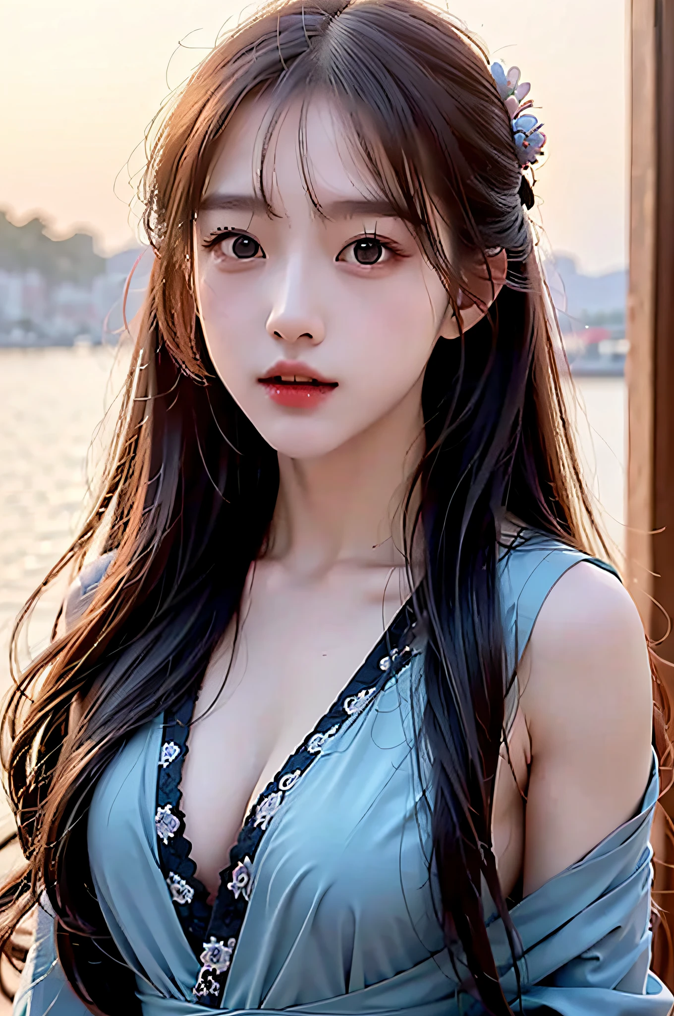 (Hyperrealistic,)4K,35mm,cinematography,super high details, Professional lighting, Best quality, Super high resolution, Visually stunning, (1girls:1.3), (dark blue theme:1.2), Light gray background, Deep blue, Wuxia,Chinese style,Hanfu,Bright wind,realskin,