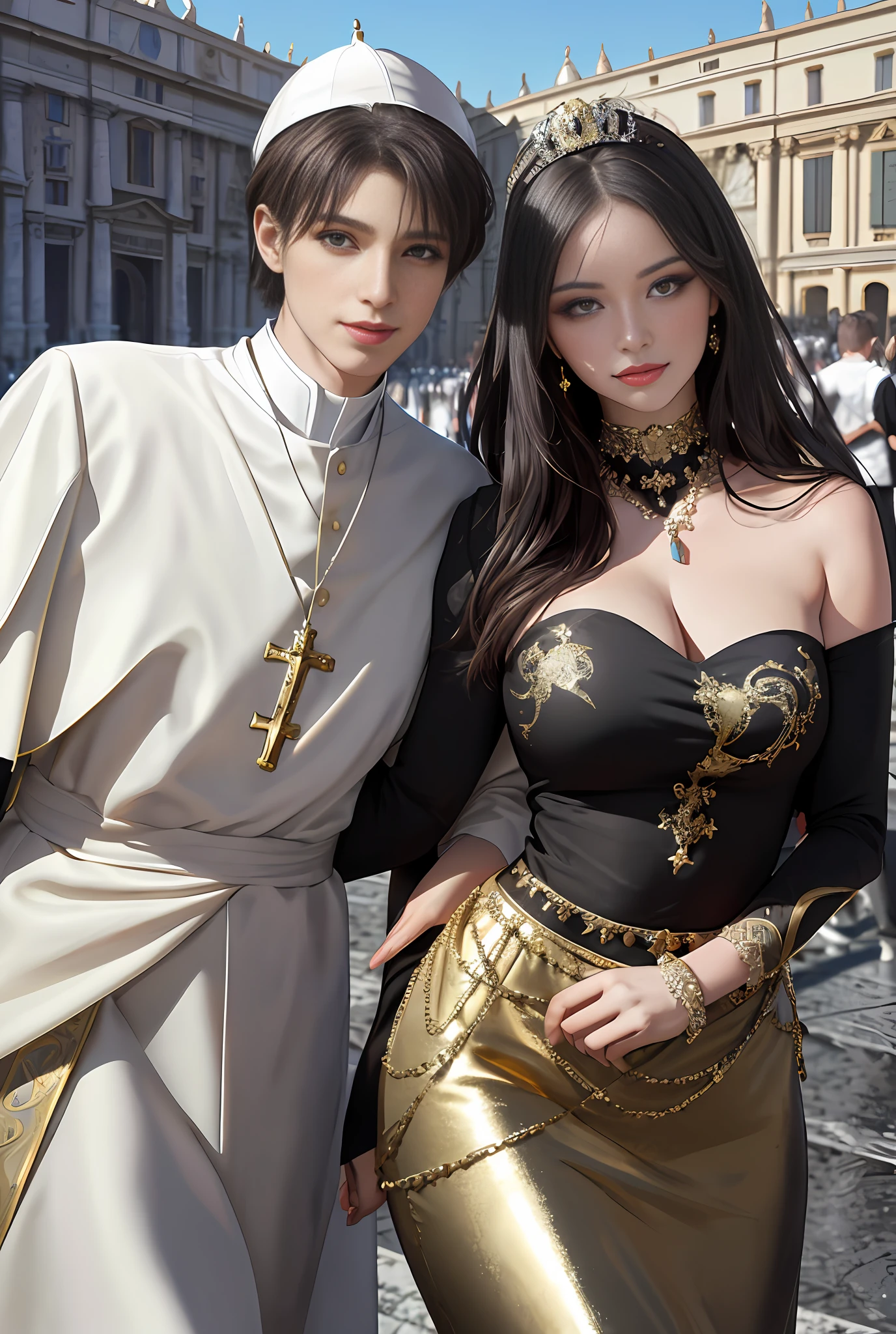 (巨作, Best quality, Realistic),
1girl huge large breasts,(on the St. Peter's Square of Vatican,crowd of), st. Peter's Square of Vatican background,gypsy dress,(Princess Eyes,shiny pupils),Dancing,  Gold, banquet, crowd of, picking up skirt,
[Slight smile],