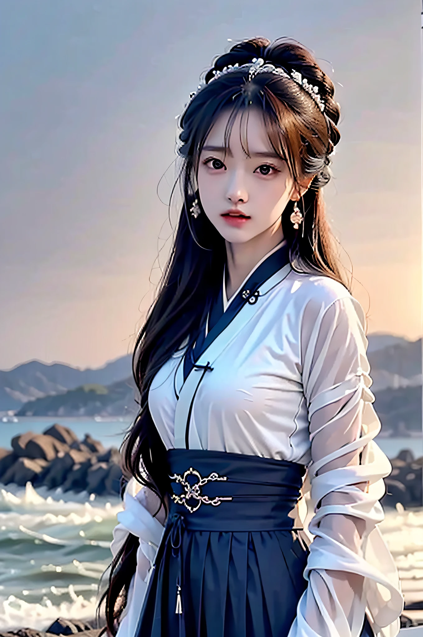 (Hyperrealistic,)4K,35mm,cinematography,super high details, Professional lighting, Best quality, Super high resolution, Visually stunning, (1girls:1.3), (dark blue theme:1.2), Light gray background, Deep blue, Wuxia,Chinese style,Hanfu,Bright wind,realskin,