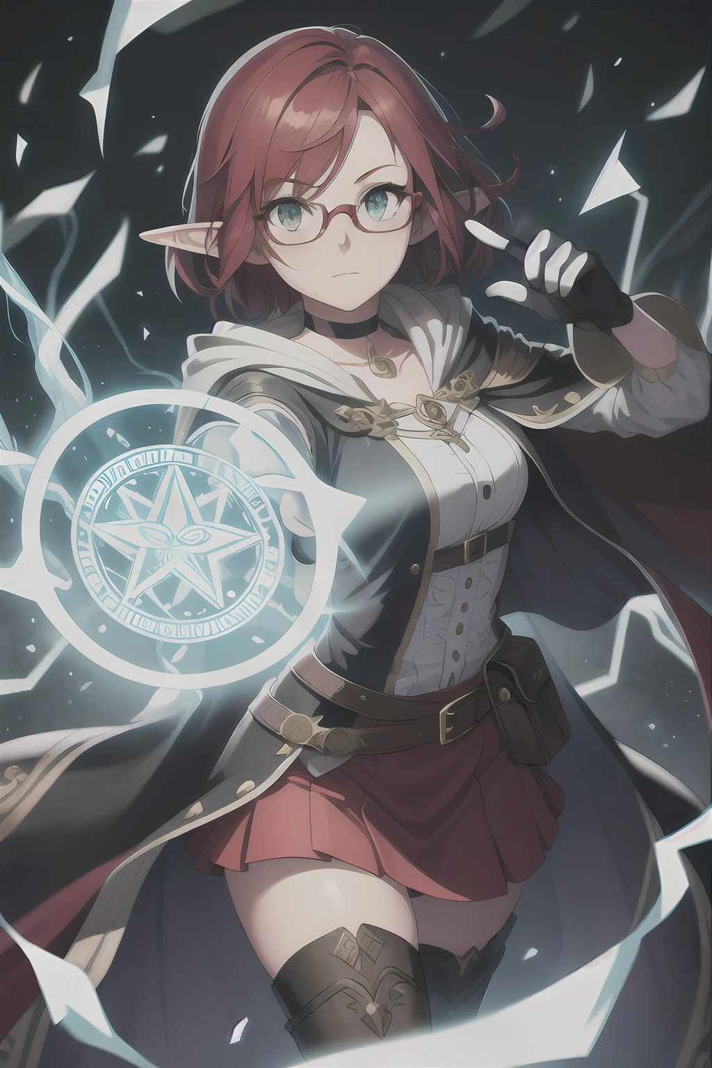 (masterpiece, best quality:1.2), ultra high res, elf, 1girl, medium hair, red hair, green eyes, freckles, glasses, cute, shy, choker, gloves, blouse, open cloak, short skirt, frilled skirt, belt, belt pouch, grimoire on hip, knee boots, stockings, wizard long_Staff in hands, full body, magic, cinematic, dynamic pose, magic circle, library background, casting spell, electricity from hands, colorful, no mistakes, well detailed, extremely well done, eyes well drawn, eyes well made, face well drawn, ((no art error))