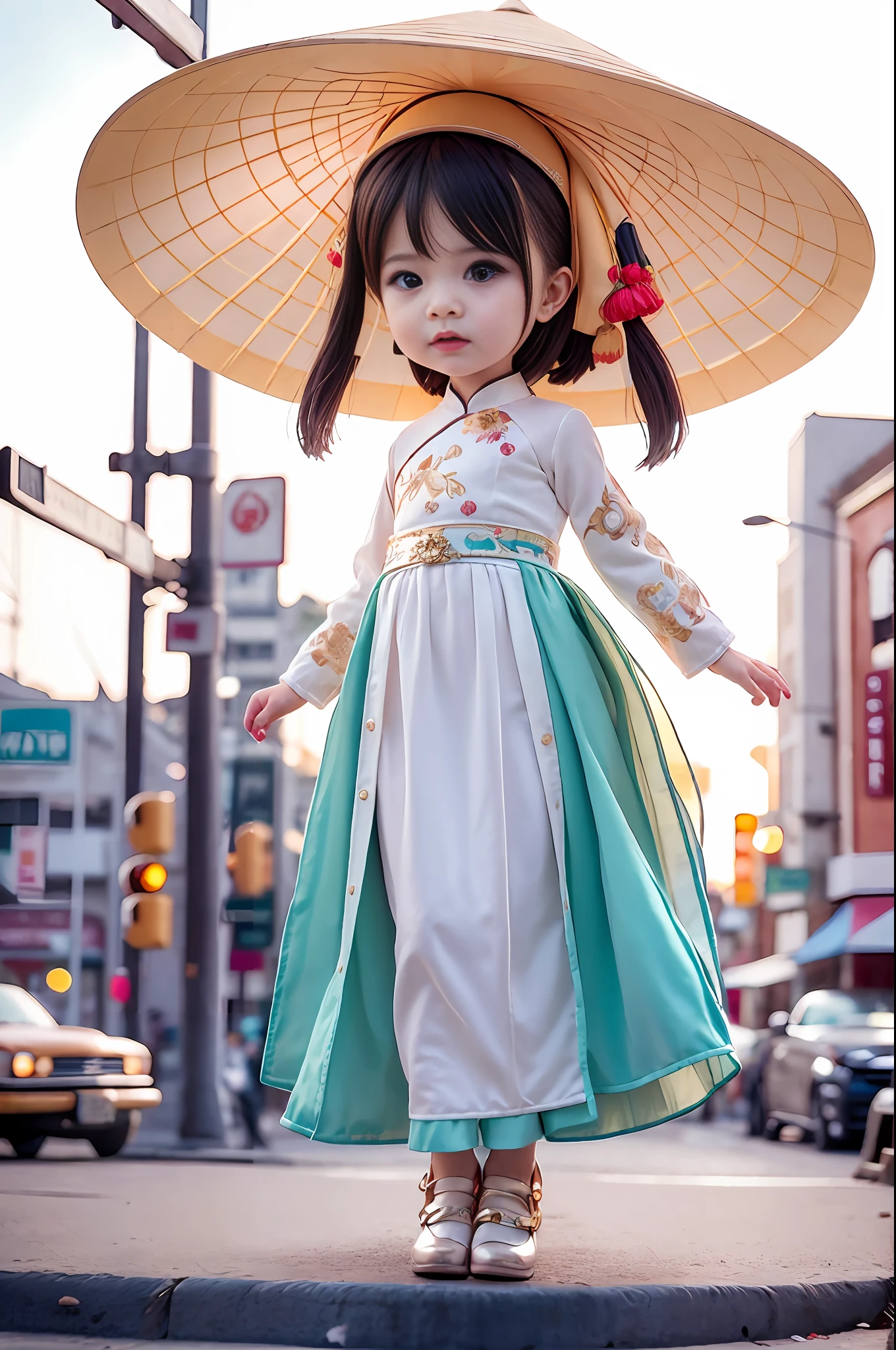 a beautiful baby cute girl in vintage bright colors traditional aodai viet nam, chibi style, city nigth, masterpiece, best quality, realistic:1.3, street, cyberpunk, sunlight, backlighting, artstation, intricate details, vignette, city night, antique car, Hoi An, Nón Lá or Conical Hat is a traditional Vietname