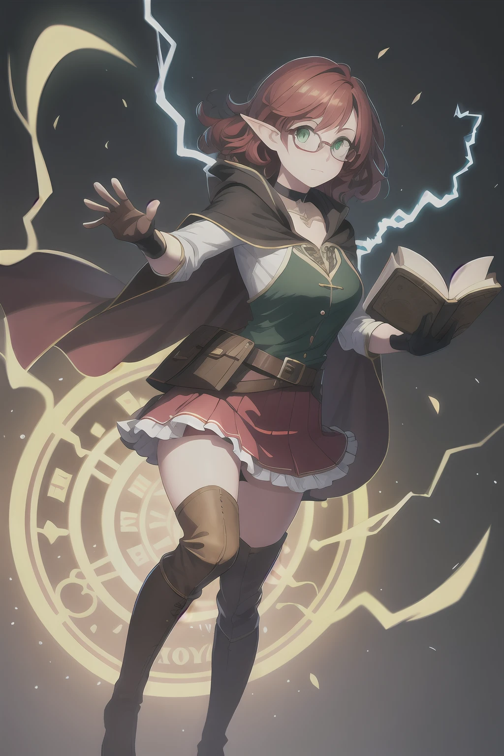 (masterpiece, best quality:1.2), ultra high res, elf, 1girl, medium hair, red hair, green eyes, freckles, glasses, cute, shy, choker, gloves, blouse, open cloak, short skirt, frilled skirt, belt, belt pouch, book on hip, knee boots, stockings, wizard long_Staff in hands, full body, magic, cinematic, dynamic pose, magic circle, library background, casting spell, electricity from hands, colorful, no mistakes, well detailed, extremely well done, eyes well drawn, eyes well made, face well drawn, ((no art error))