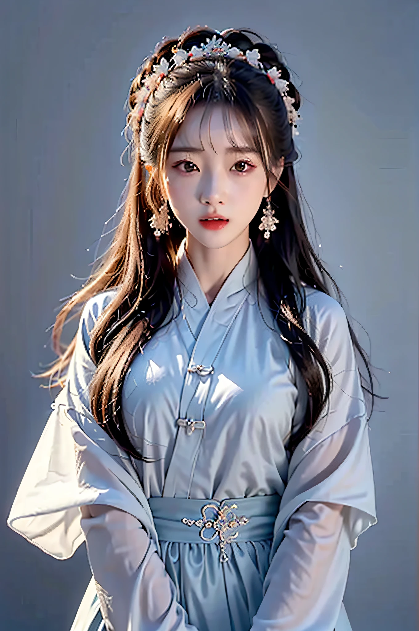 (Hyperrealistic,)4K,35mm,cinematography,super high details, Professional lighting, Best quality, Super high resolution, Visually stunning, (1girls:1.3), (dark blue theme:1.2), Light gray background, Deep blue, Wuxia,Chinese style,Hanfu,Bright wind,realskin,