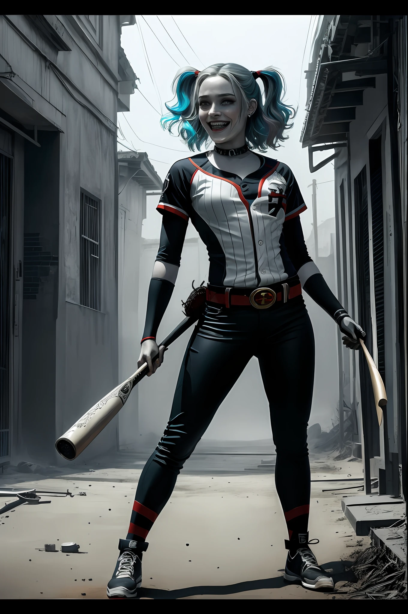 (16k, foto RAW, melhor qualidade, obra-prima: 1.2), ultra-detalhado, arte formal, foto realismo: 1.37, foto de meio corpo ,(Harley quinn), (mulher,Afro americana,cabelos crespos,olhos claros,beleza ,( cabelo colorido,Baseball bat in hands ) lugar em batalha,sorridente film grain, villain action pose ((spawn))detalhes