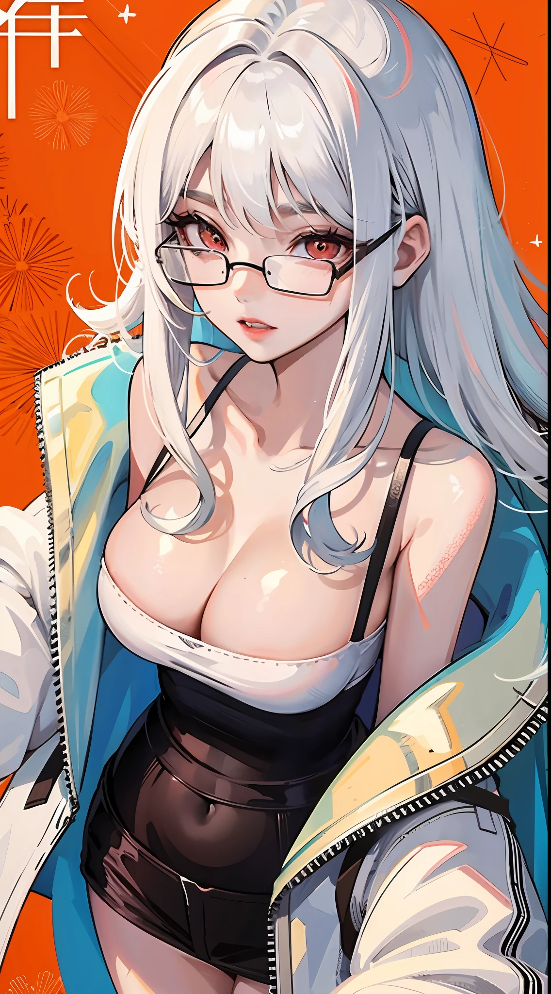 ​masterpiece、1 girl in、独奏、eye glass、Black Camisole、white coats、cleavage of the breast、hugetits、Angle from above、frontage、White hair、Red Eyes、Geometric pattern background、delicate detail