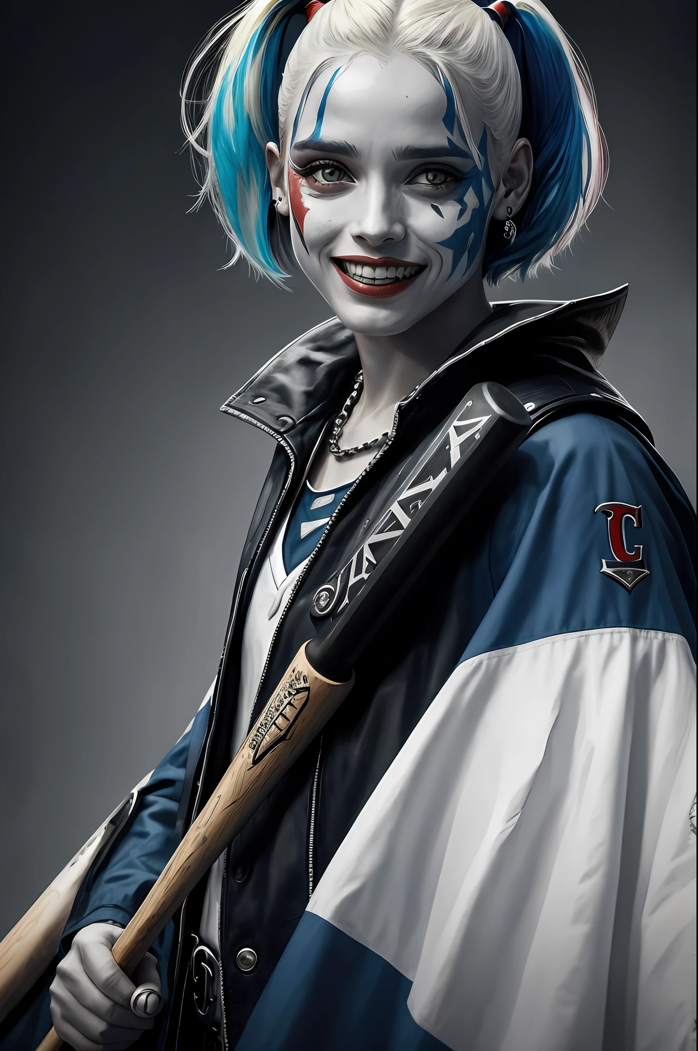 (16k, foto RAW, melhor qualidade, obra-prima: 1.2), ultra-detalhado, arte formal, foto realismo: 1.37, foto de meio corpo ,(Harley quinn), (mulher,Afro americana,cabelos crespos,olhos claros,beleza ,( cabelo colorido,Baseball bat in hands ) lugar em batalha,sorridente film grain, villain action pose ((spawn))detalhes