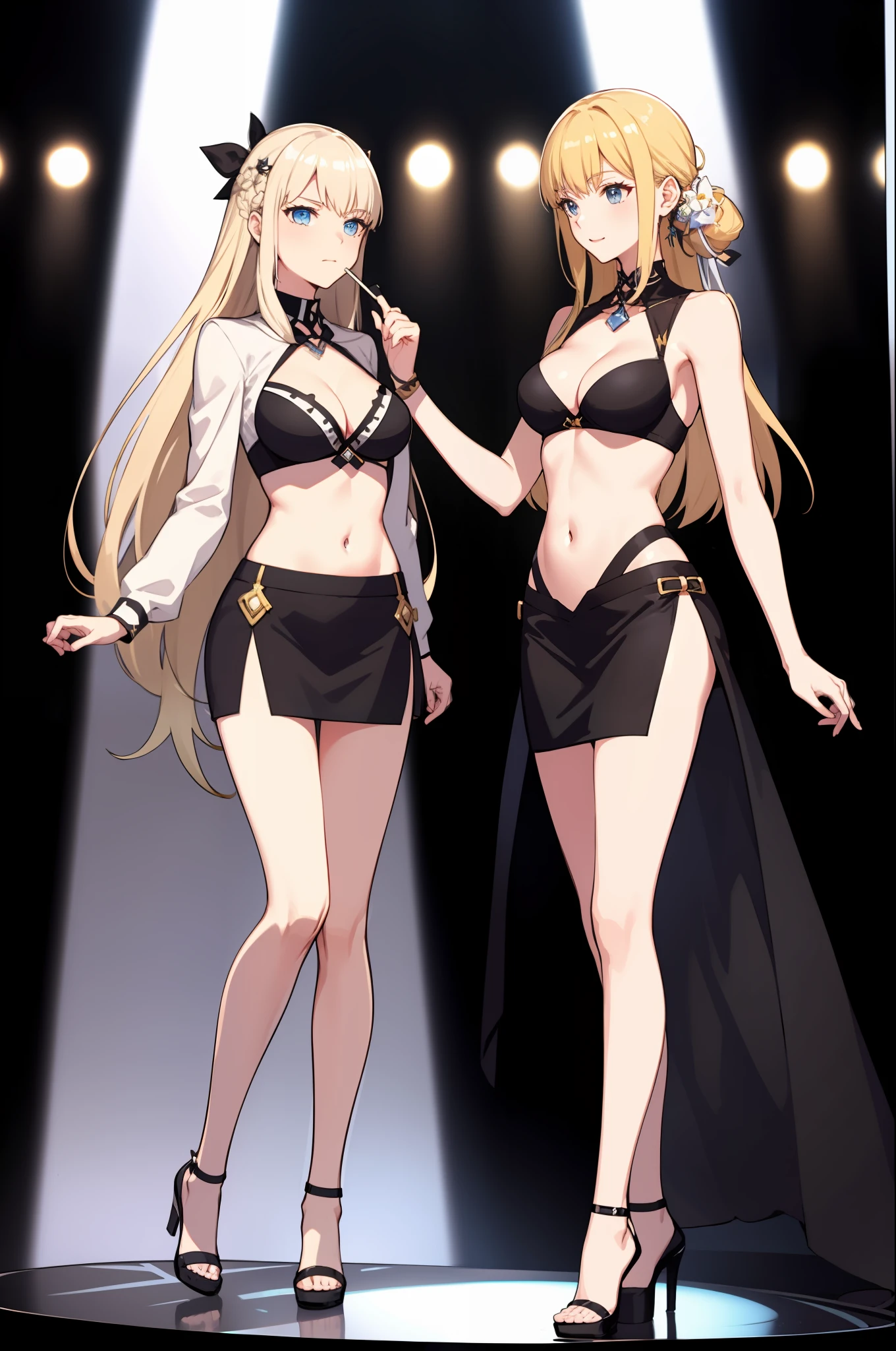 masterpiece, best quality, long hair, medium breast, cleavage, navel, slim legs, morgan fate blonde hair, idol outfit, happy, short skirt, mature women, standing, stage