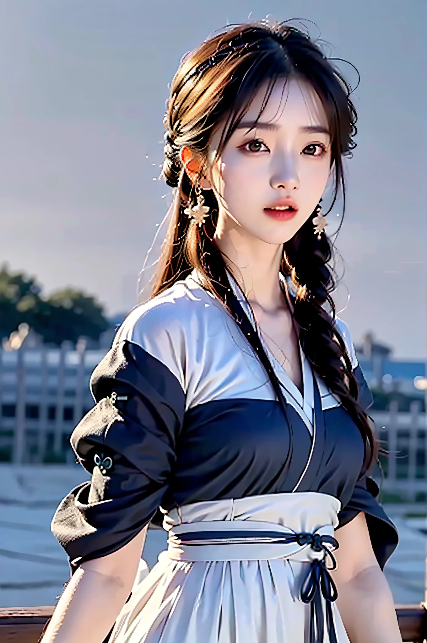 (Hyperrealistic,)4K,35mm,cinematography,super high details, Professional lighting, Best quality, Super high resolution, Visually stunning, (1girls:1.3), (dark blue theme:1.2), Light gray background, Deep blue, Wuxia,Chinese style,Hanfu,Bright wind,realskin,