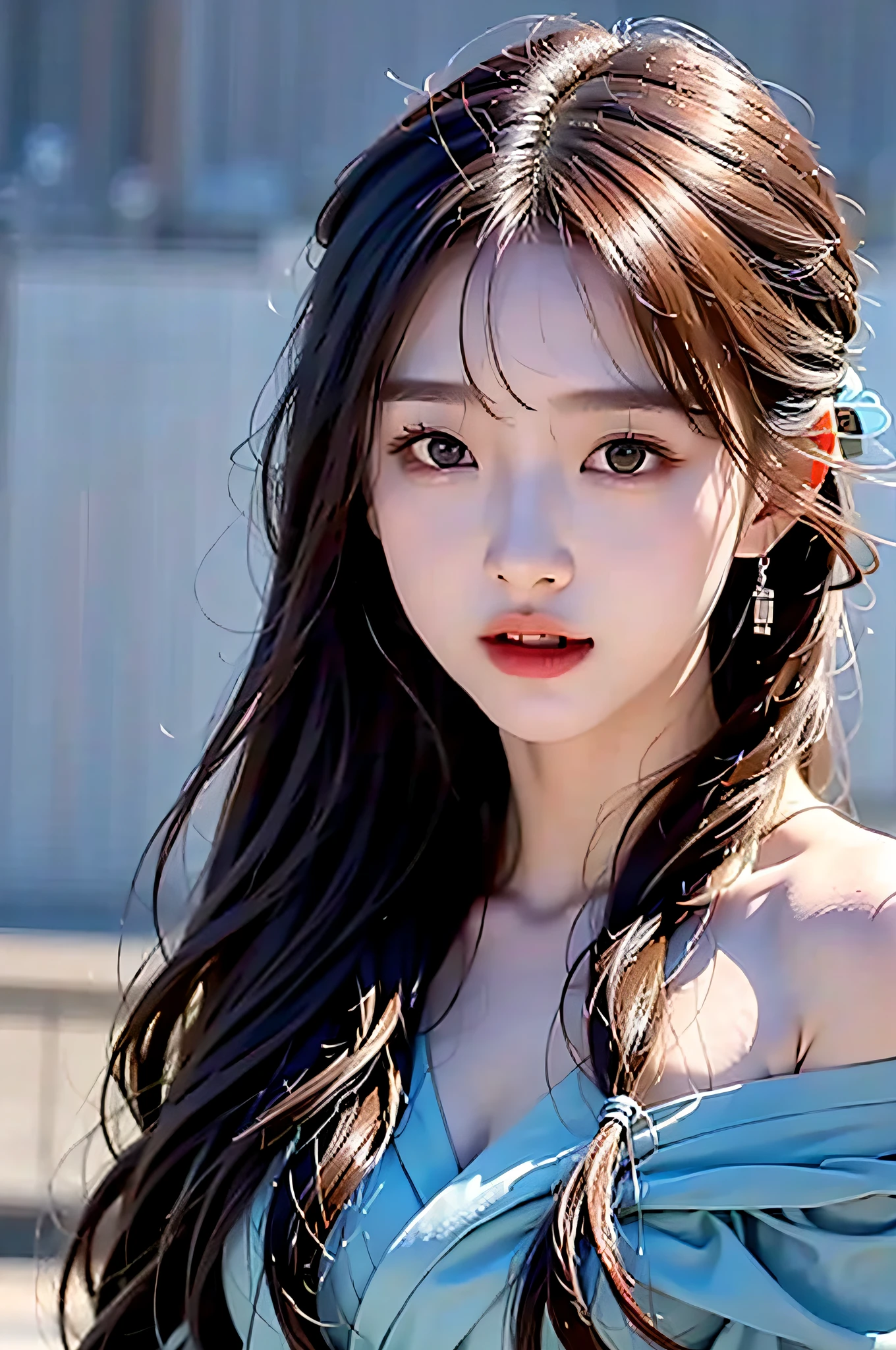 (Hyperrealistic,)4K,35mm,cinematography,super high details, Professional lighting, Best quality, Super high resolution, Visually stunning, (1girls:1.3), (dark blue theme:1.2), Light gray background, Deep blue, Wuxia,Chinese style,Hanfu,Bright wind,realskin,