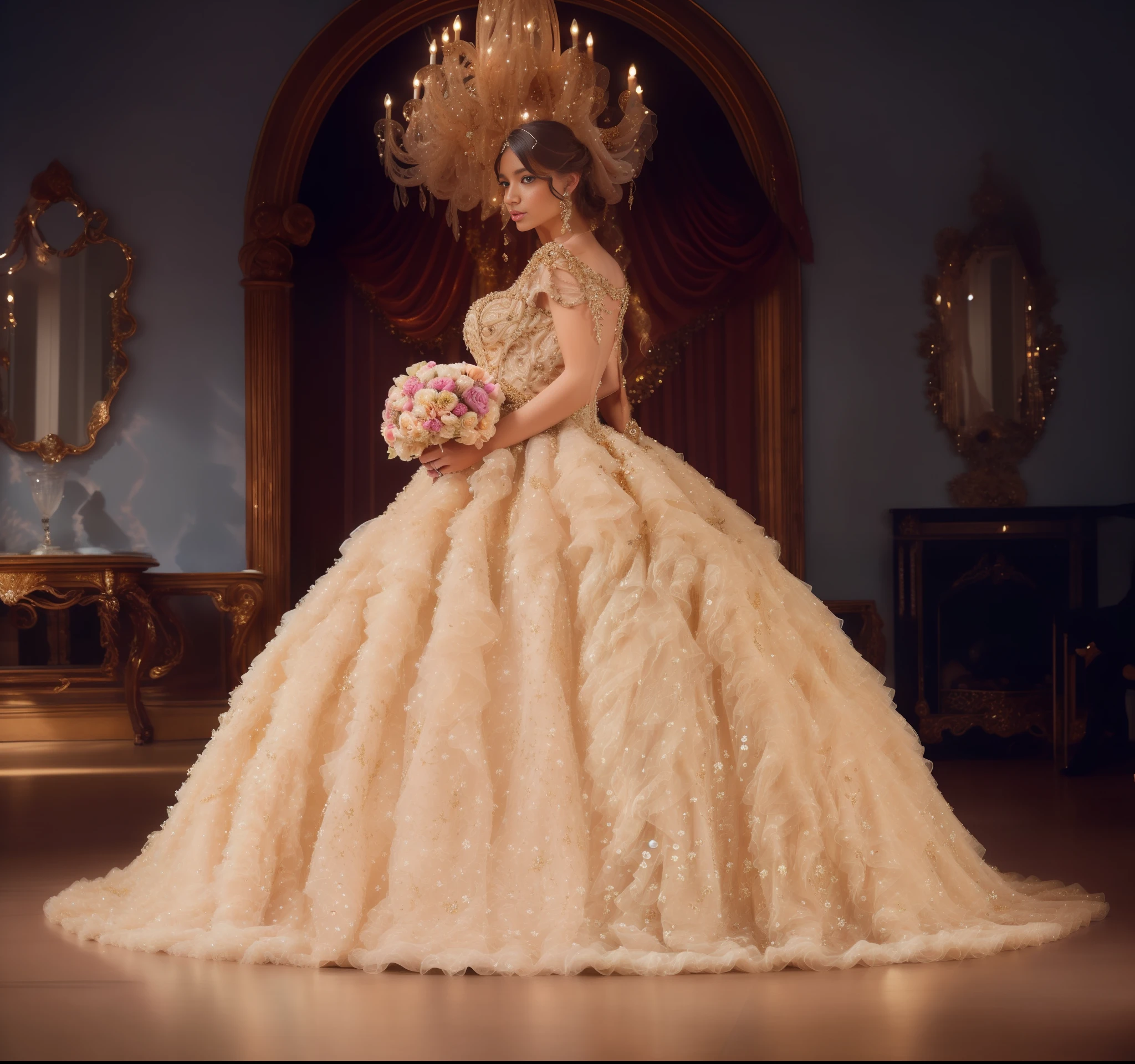 a hyper realistic photograph of a girl wearing a majestic light beige and gold ball gown dress, big beautiful dress, intricate puffy ball gown with lots of ruffles and rhinestones (Masterpiece, Top Quality, Best Quality, Official Art, Beautiful and Aesthetic: 1.2), (1 Flower), Full Body, Extremely Detailed, (Fractal Art: 1.3), Colorful, 12k, sony a7IV, 80mm, bokeh, F2.0, ((cinematic lighting))