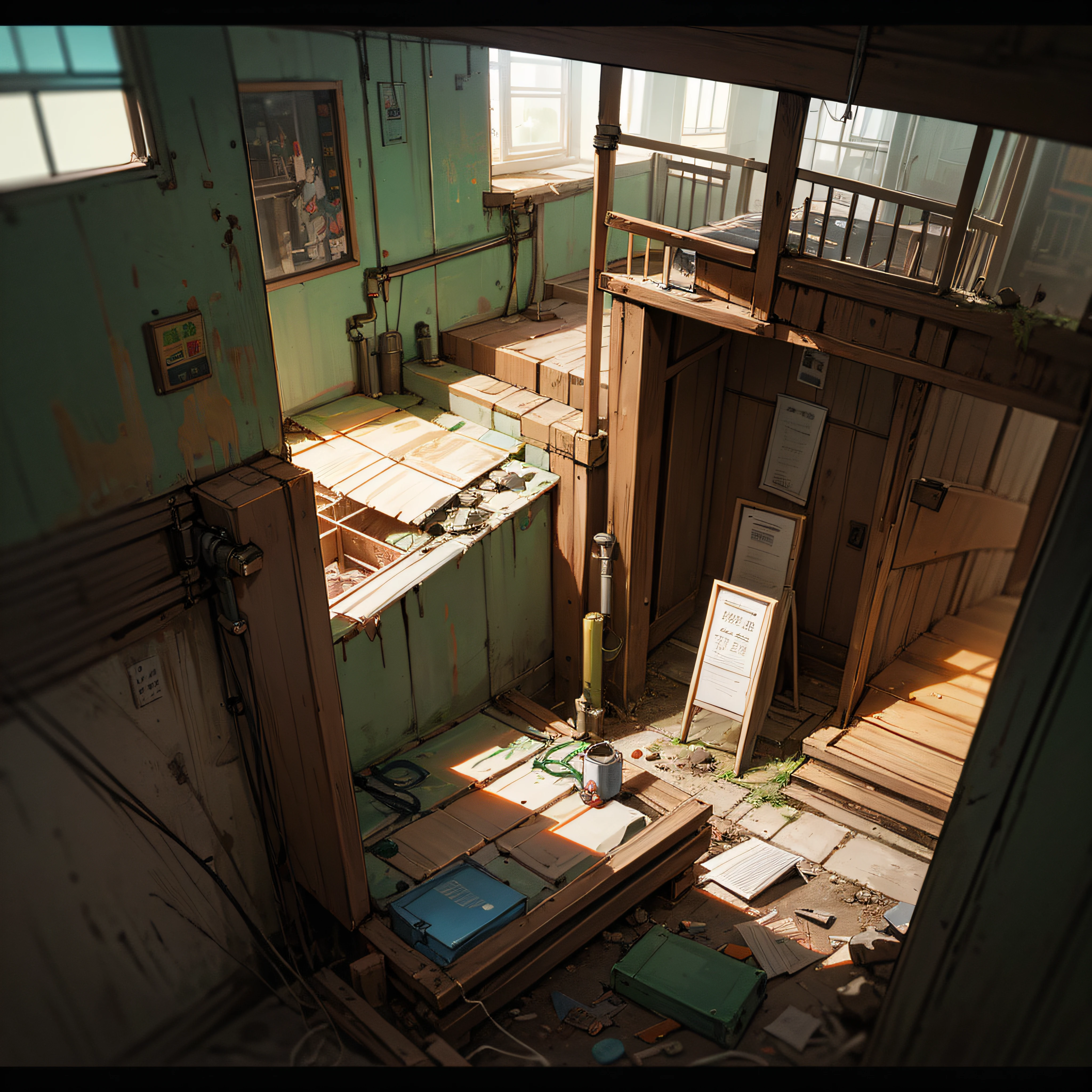 abandoned houses、Lots of racks、Stacked cardboard、Pale worldview、Dojunkai Apartment Surreal and very detailed illustration、Image with objects very loaded、Dirty cement stairs with cracks、a trash can、Metal wall、cables、pole、Rusty pipe、Wall pipe、Electricity Meter、Gray and dark walls、 Empty box、Paint on damaged walls、Metal and rusty scrap、mechanicalparts(rusty、Brownish)、Dim lighting、Very dark landscape shadows、Red and green neon lights、moisture、、wooden、early evening、Toys、cute little、Lots of green empty bottles、Luggage storage、Blower --auto