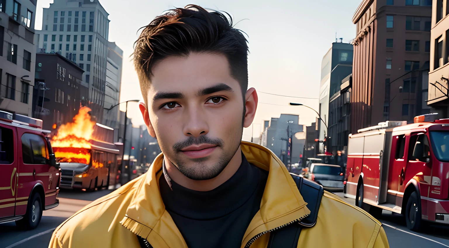(head shot), (only face), (one male mexican gay handsome muscular firefighter in his 30s), one mexican handsome muscular male firefighter in his 30's in New York City, He wears yellow protective coats、 (yellow helmets), fire, (red fire truck) and New York skyscrapers in the background, He resembles Chris Redfield from Resident Evil, Mischievous smile, (detaile: 1 in 1), Natural muscles, HIG quality, Beautiful eyes, (Detailed face and eyes), (Face、: 1 / 2), Noise, Real Photographics、... ....................................PSD, Sharp Focus, High resolution 8K, realisitic & Professional Photography, 8K UHD, Soft lighting, High Quality, Film grain, FUJI XT3