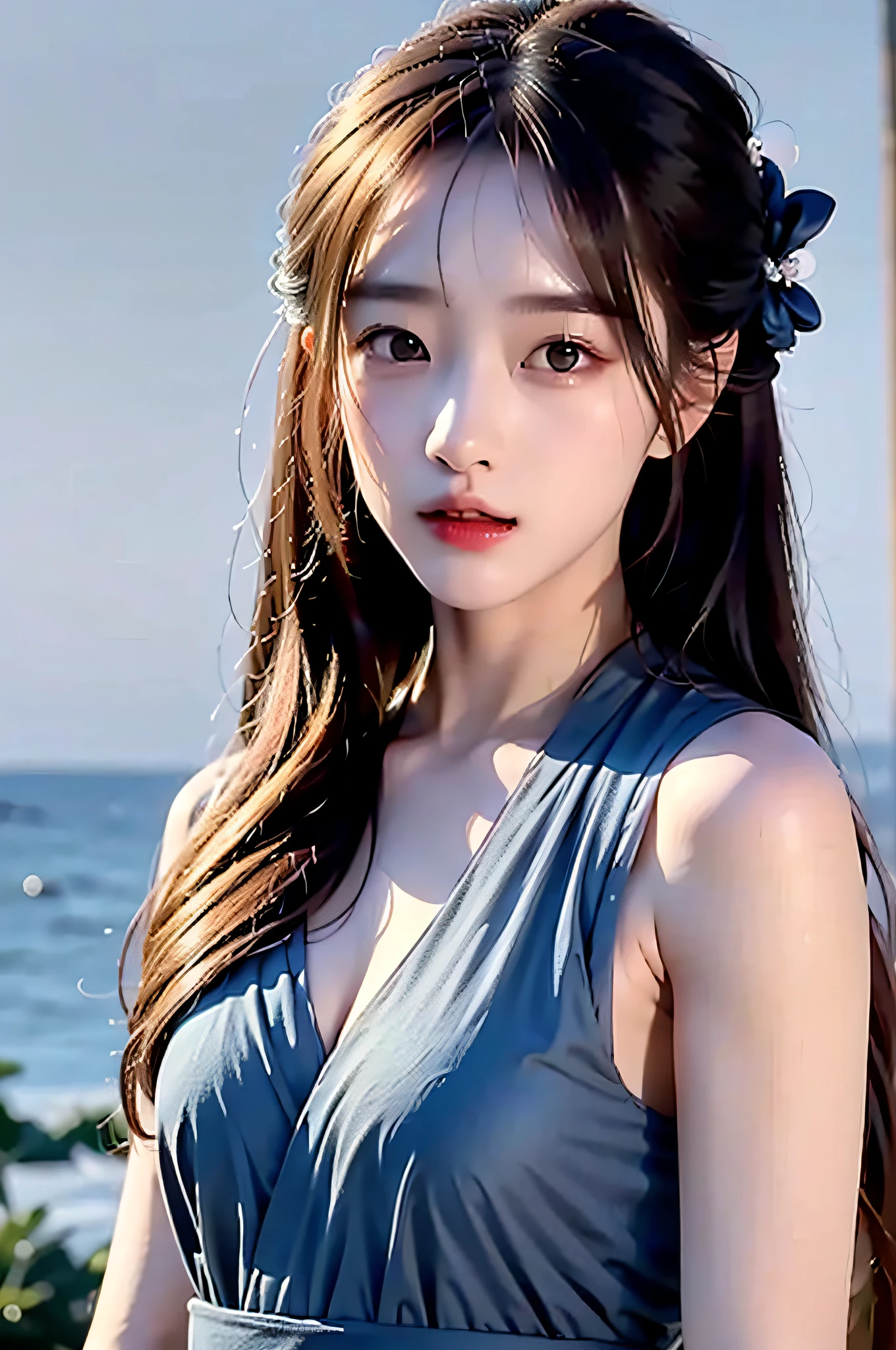 (Hyperrealistic,)4K,35mm,cinematography,super high details, Professional lighting, Best quality, Super high resolution, Visually stunning, (1girls:1.3), (dark blue theme:1.2), Light gray background, Deep blue, Wuxia,Chinese style,Hanfu,Bright wind,realskin,