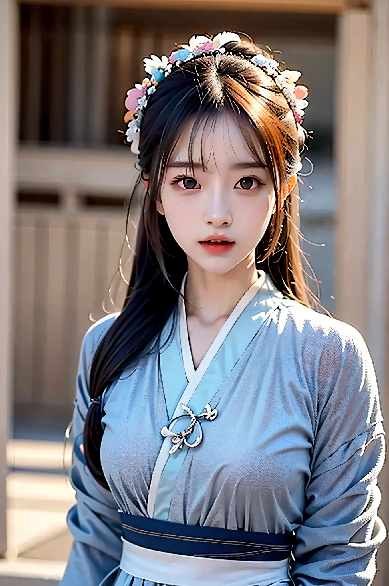 （Hyperrealistic,）4K,35mm,cinematography，super high details, Professional lighting, Best quality, Super high resolution, Visually stunning, (1girls:1.3), (dark blue theme:1.2), Light gray background, Deep blue, Wuxia,Chinese style,Hanfu,Bright wind,realskin,