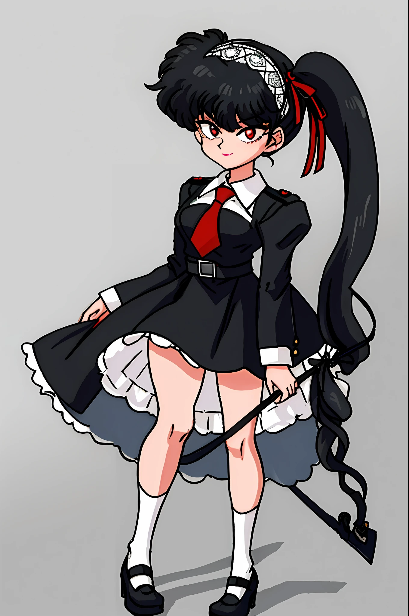copyright danganronpa, 1girl, solo, celestia ludenberg (character), smirking expression, black hair, red eyes, white silk headband, white lace-bonnet with one white ribbon for each side with a smaller ribbon tied at the bottom, and has black hair in two large twin-drill pigtails, gothic lolita-style outfit, white blouse with a Long-point collar, a black jacket that includes white ribbon lacing down the sleeves, fastened by a simple white ribbon across her chest to reveal her red tie, black knee-high stockings trimmed in ladder lace with a black ribbon on the opposite side of the other for each, dark red mary janes with a thick heel held on her feet by three grey buckles, a white lace headband, dark-hued tulle lace panties, full body portrait,